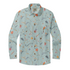Light blue shirt with floral and bird pattern, featuring wooden.