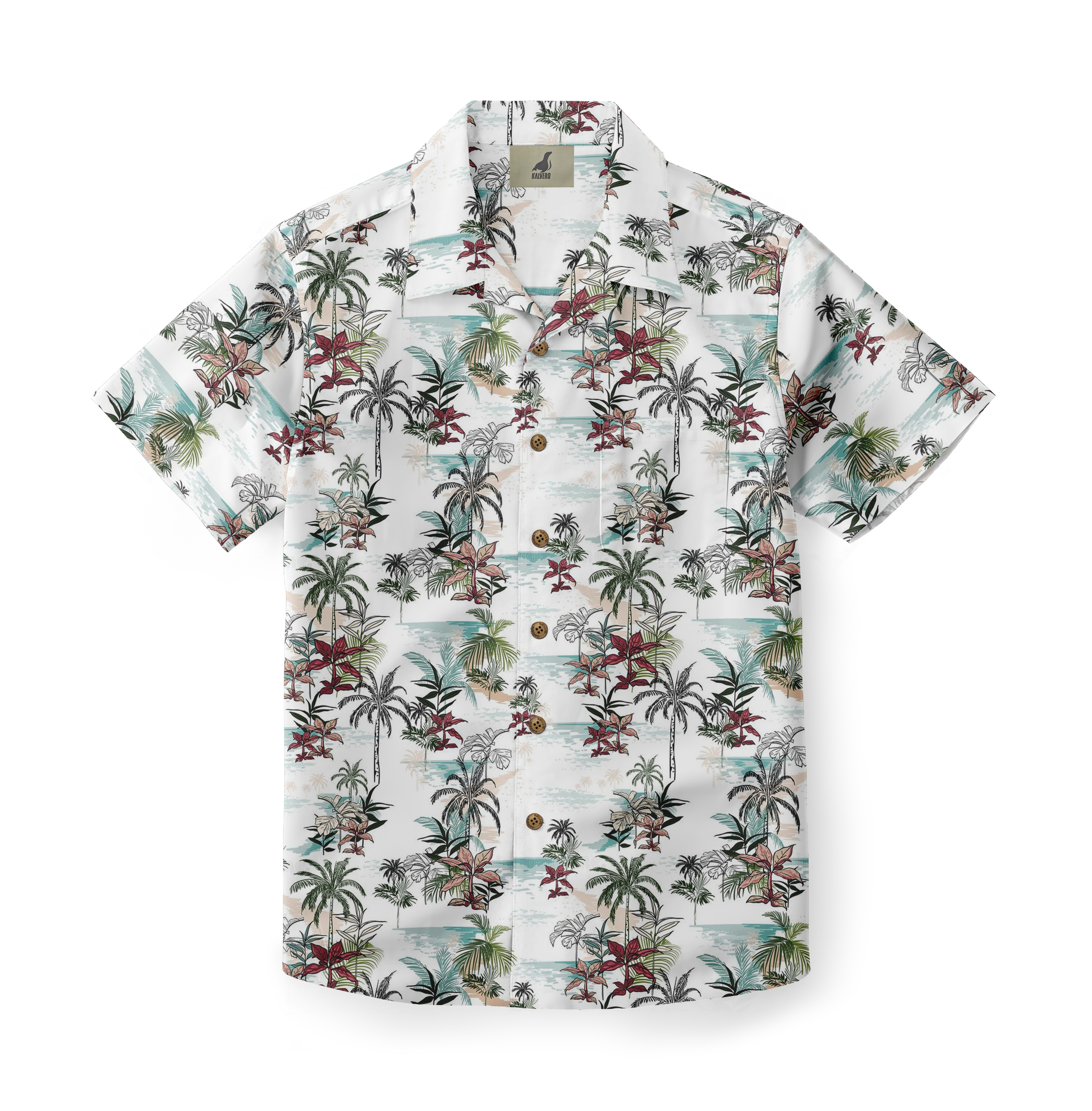 White shirt with colorful palm tree and floral print.