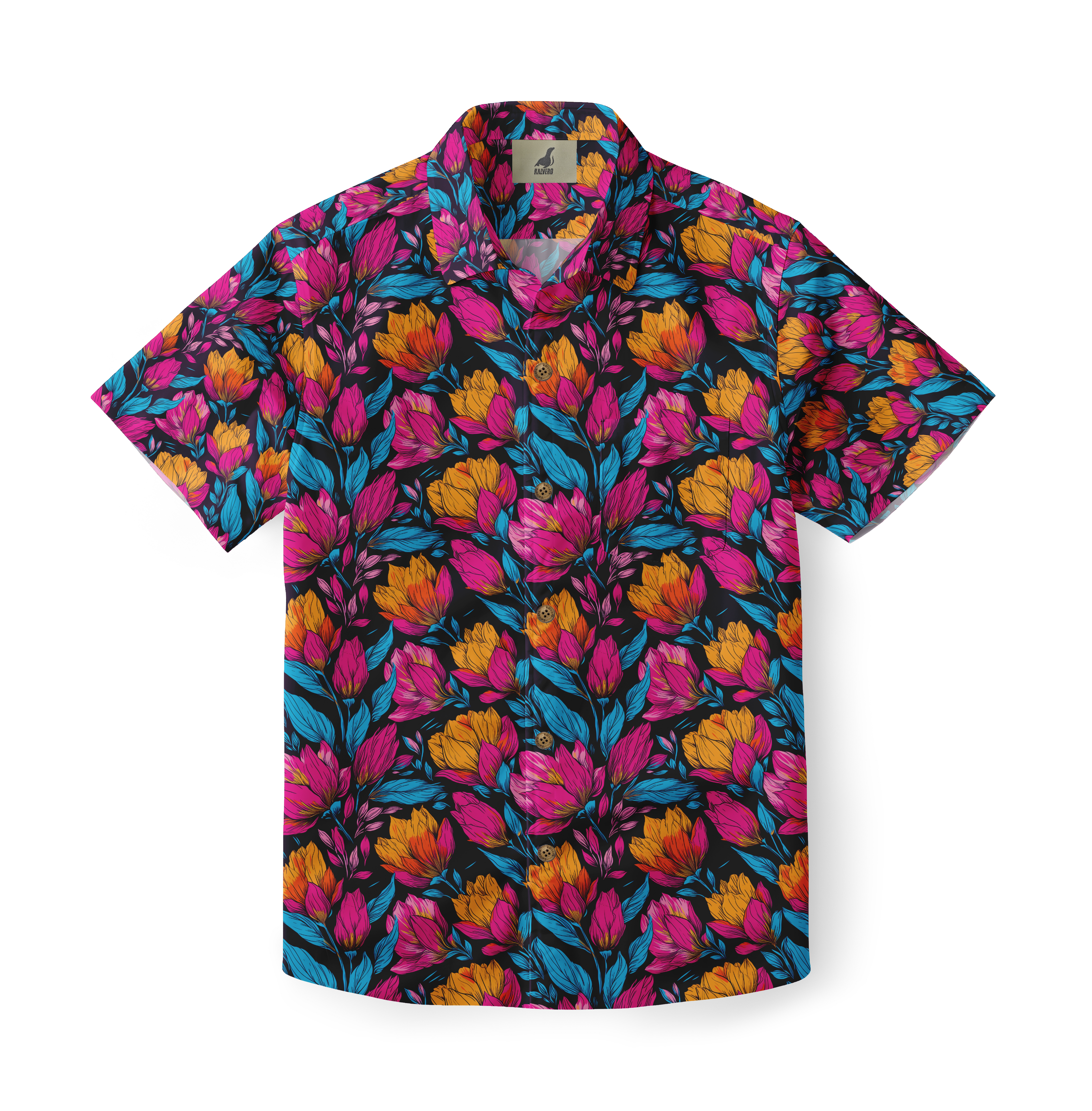 Vibrant floral print short-sleeve shirt, black background.