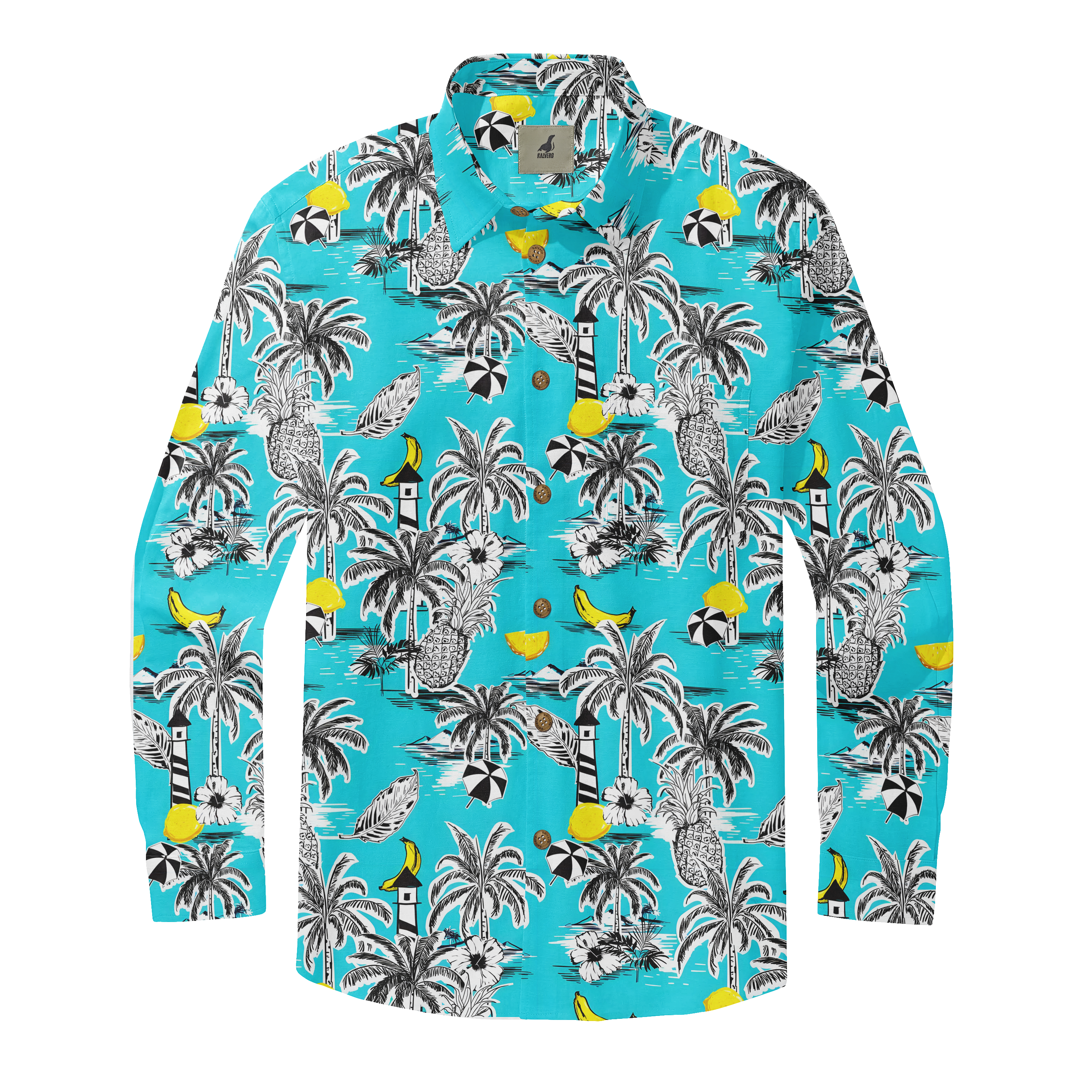 Vibrant turquoise shirt with tropical print featuring palm trees.