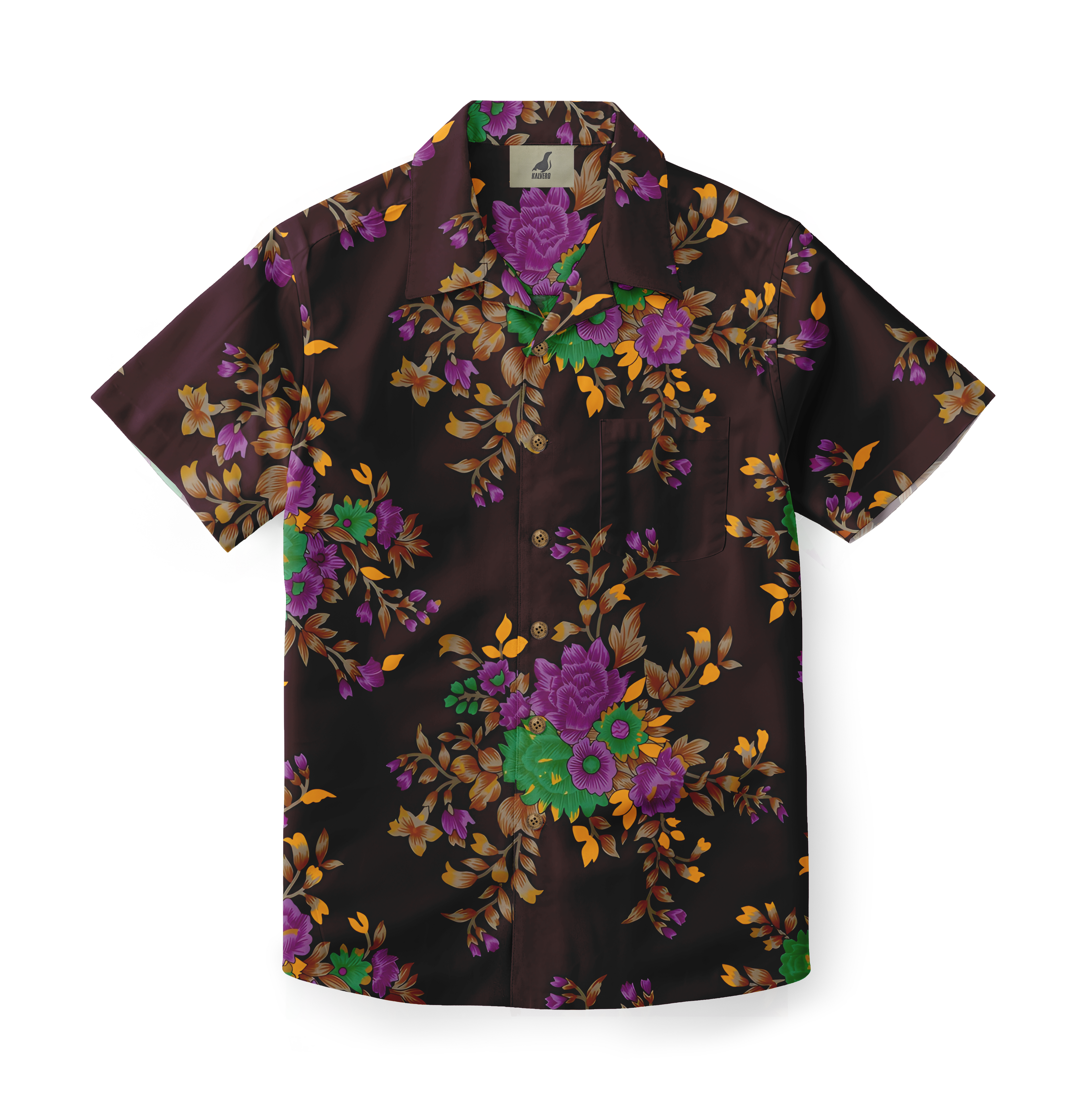 Dark brown short-sleeve shirt with vibrant floral pattern in purple.