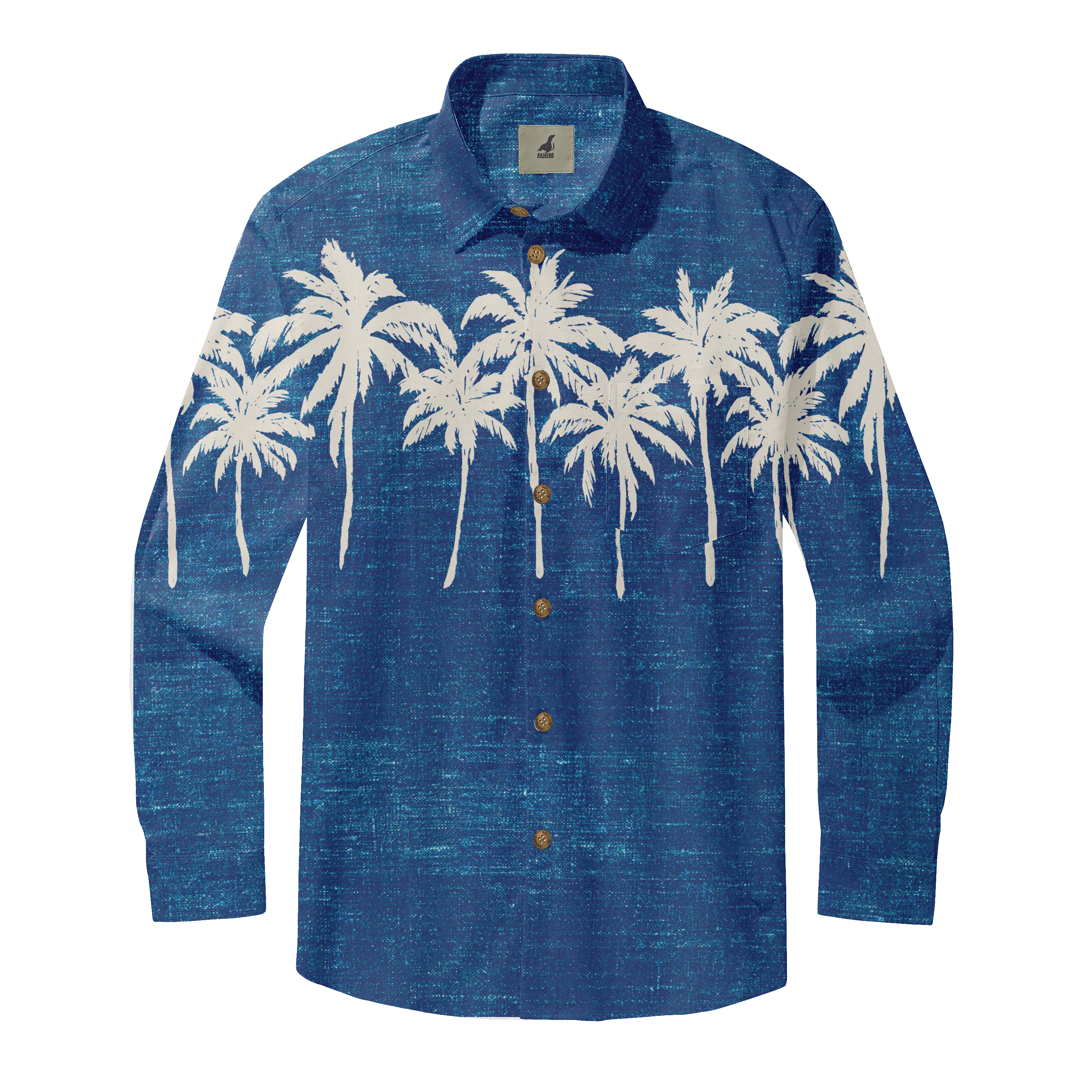 Blue long-sleeve shirt with white palm tree print and wooden buttons.