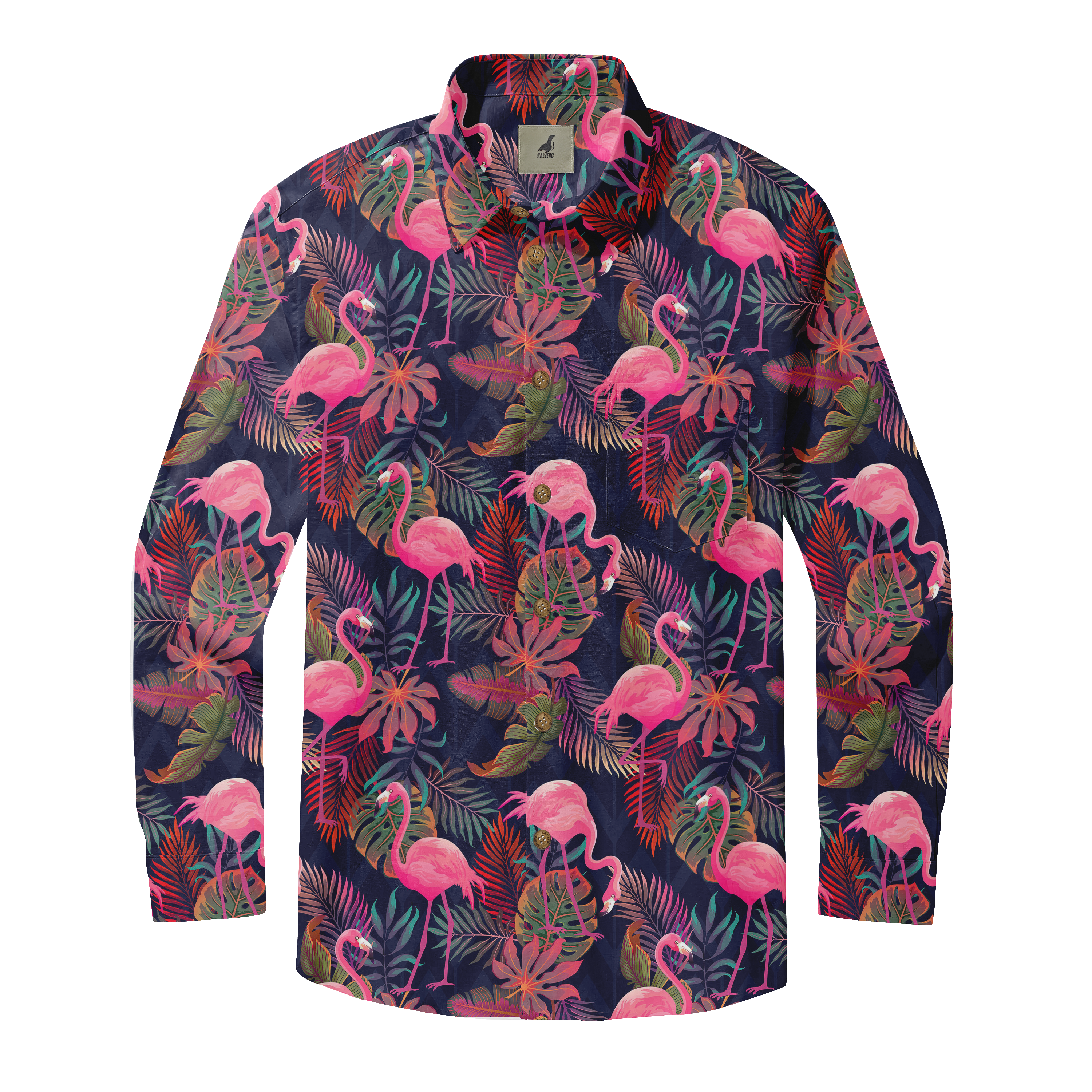 Vibrant long-sleeve shirt with pink flamingos and tropical leaves.