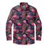Vibrant long-sleeve shirt with pink flamingos and tropical leaves.