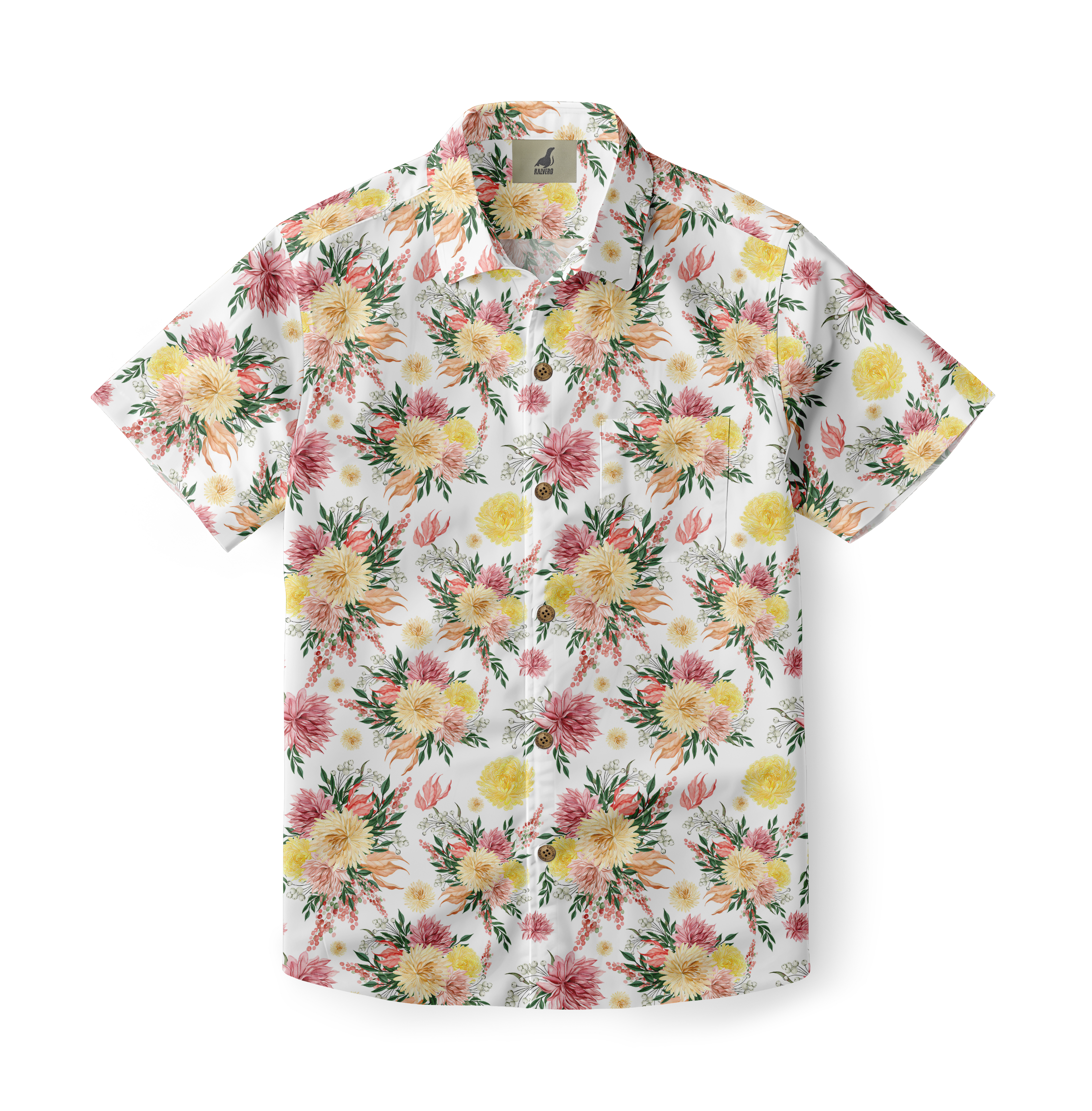 White shirt with yellow, pink floral pattern and green leaves.