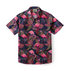 Vibrant pink flamingo print on navy blue short-sleeve shirt.