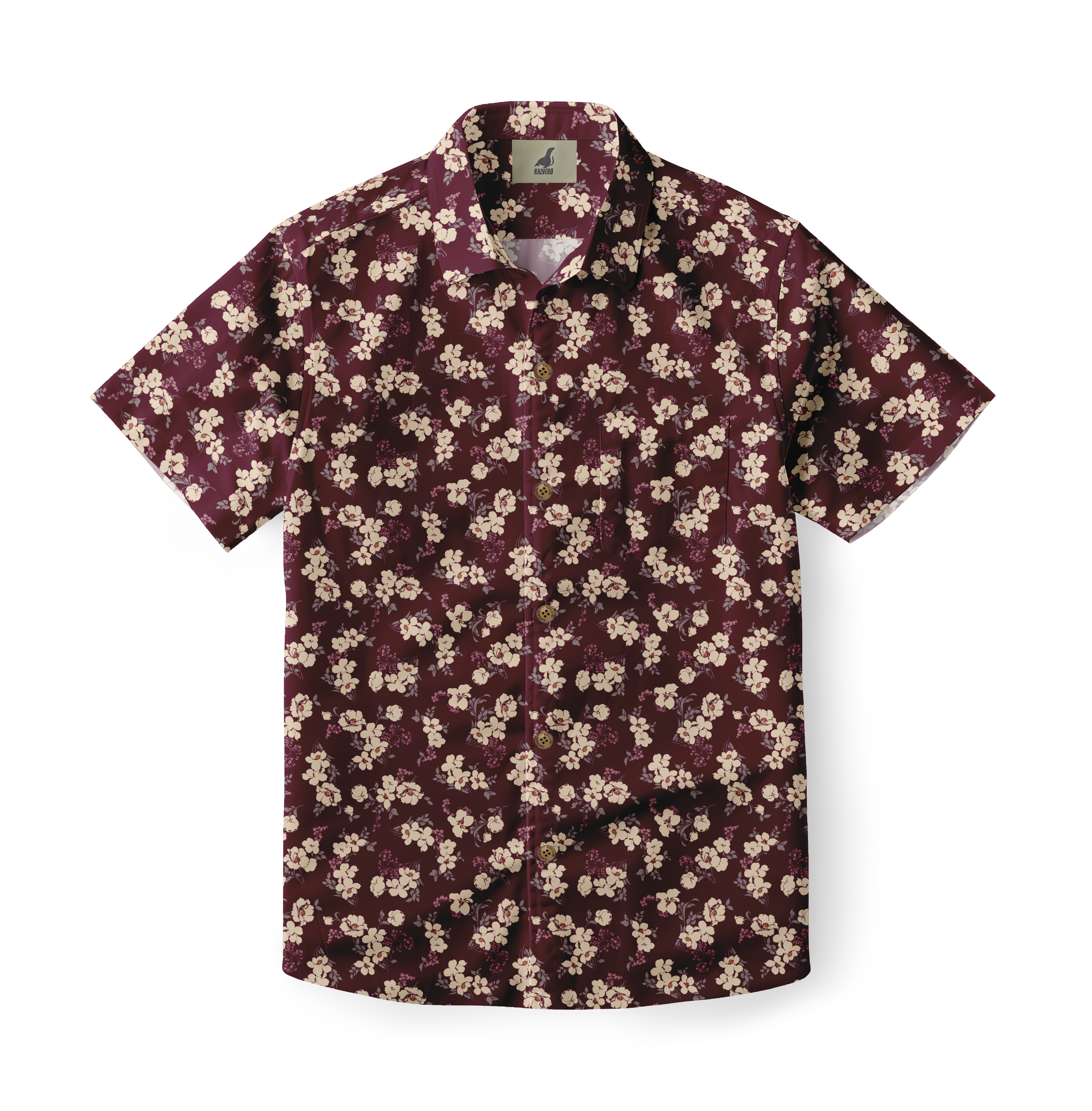 Maroon short-sleeve shirt with white floral pattern and button-down.