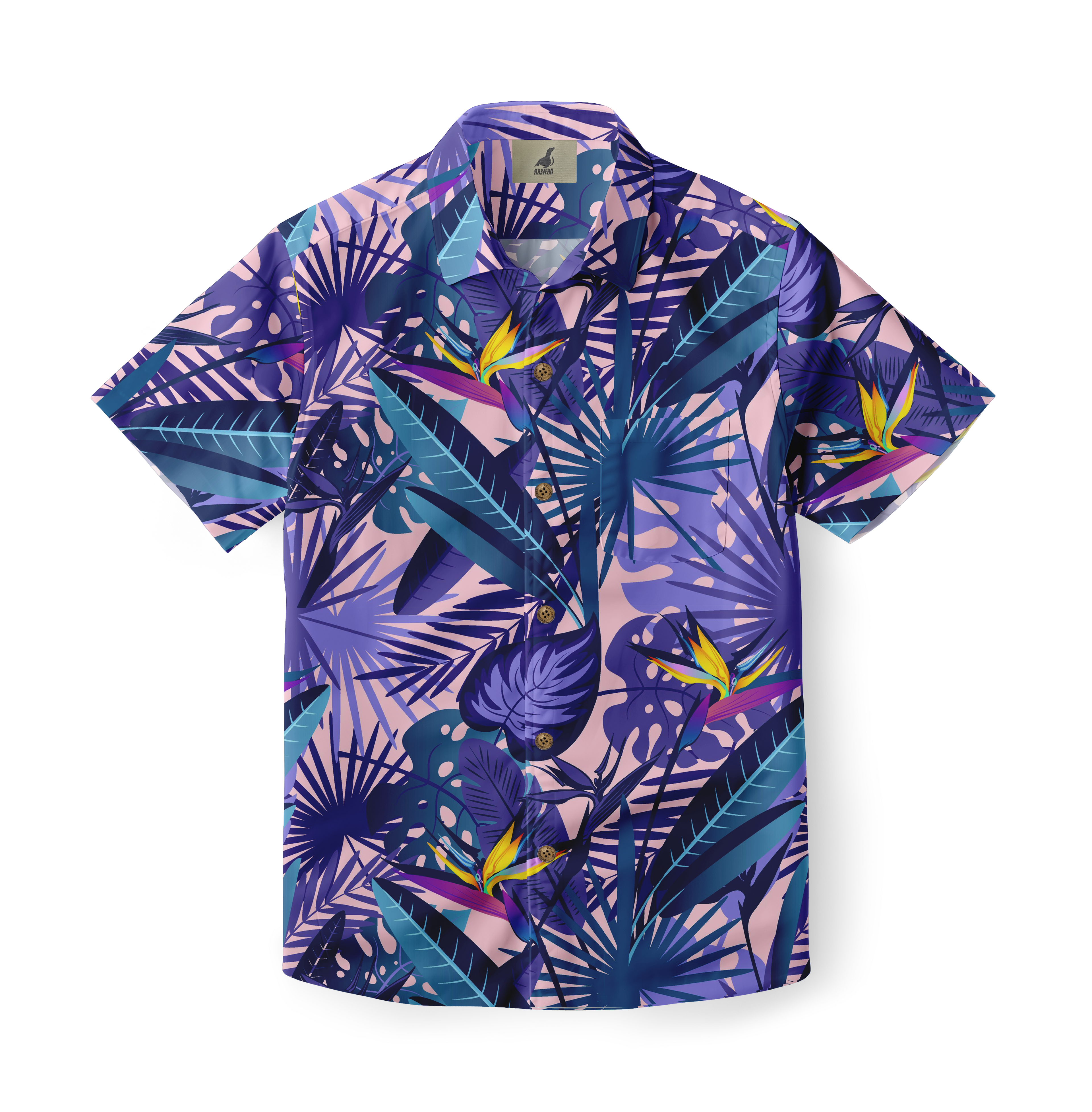 Vibrant tropical shirt with purple, blue, and pink floral pattern.