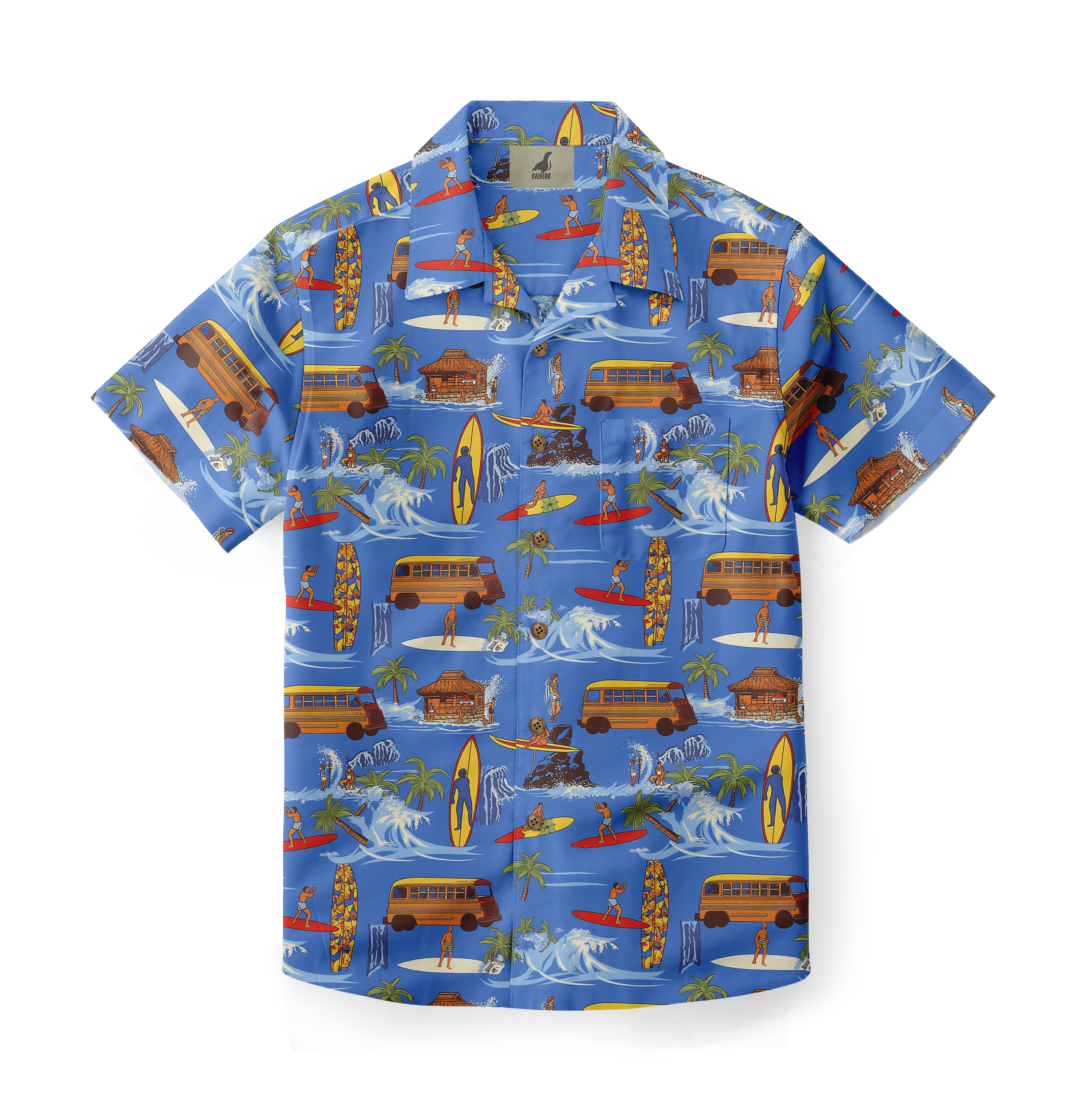 Blue Hawaiian shirt with surfboards, buses, and palm trees.