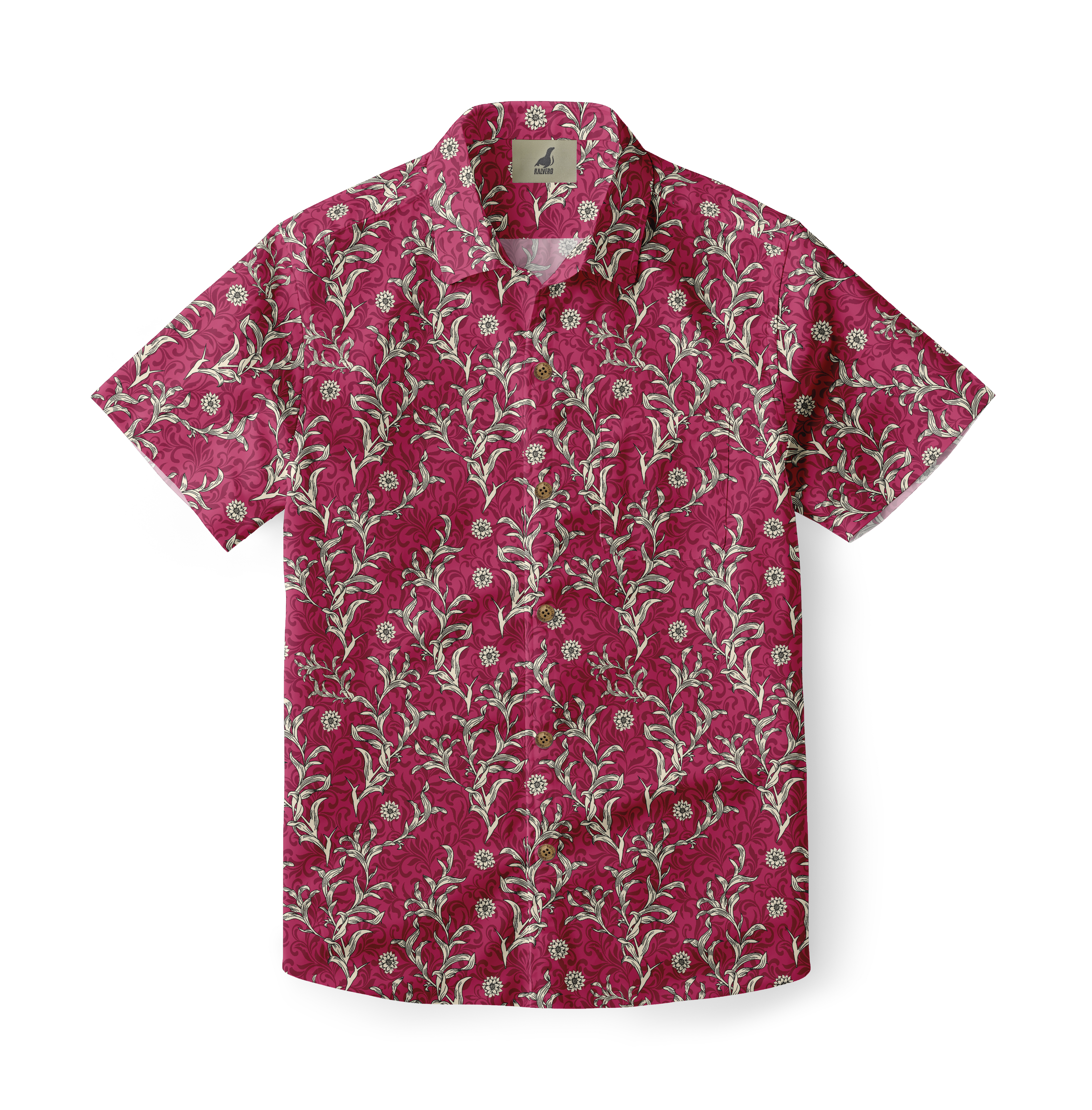 Red floral short-sleeve shirt with white and green pattern.