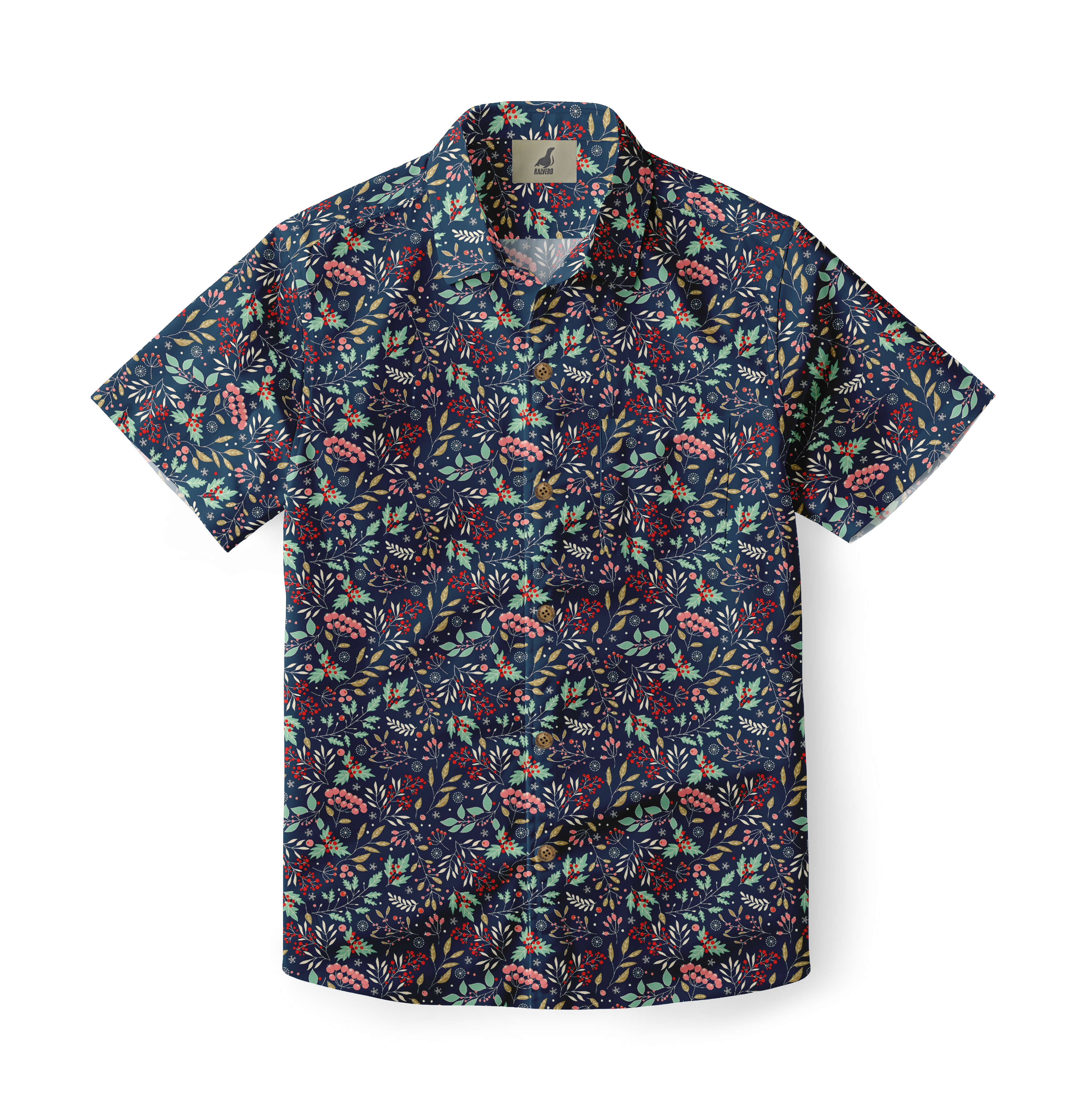 Dark blue short-sleeve shirt with colorful floral pattern.