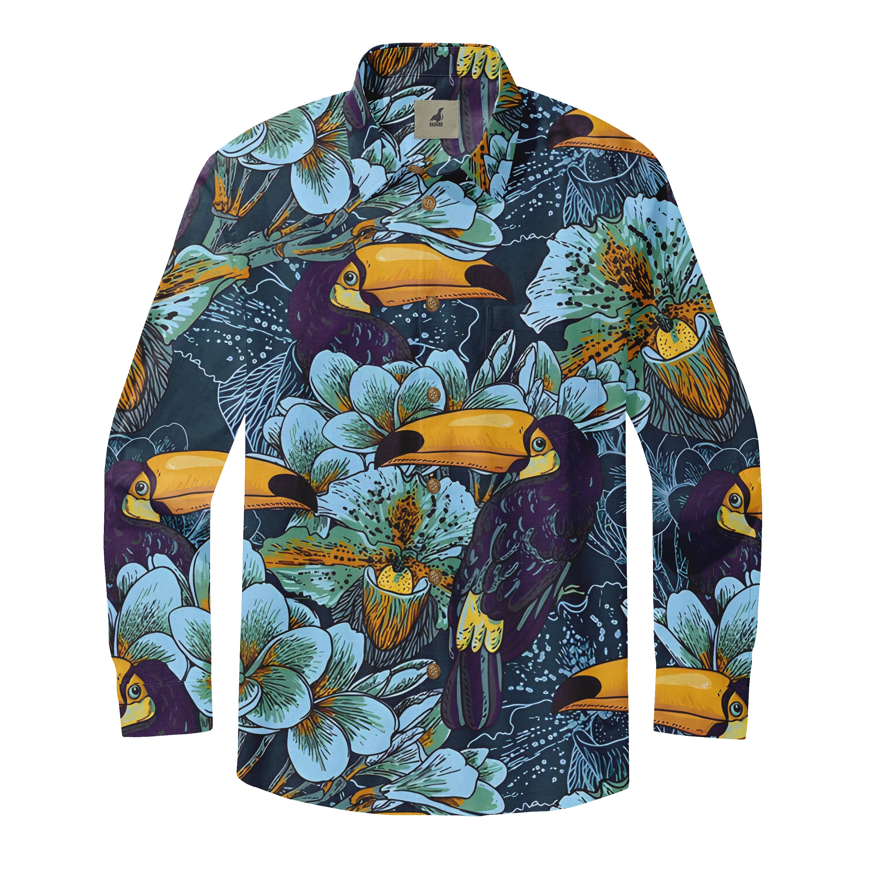 Vibrant tropical shirt with toucans and flowers on a dark background.