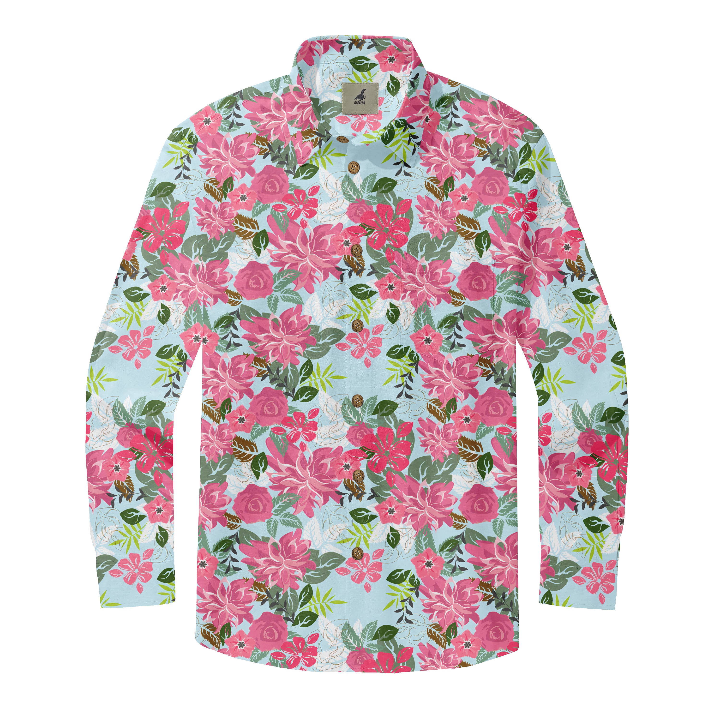 Blue shirt with pink floral pattern and green leaves.