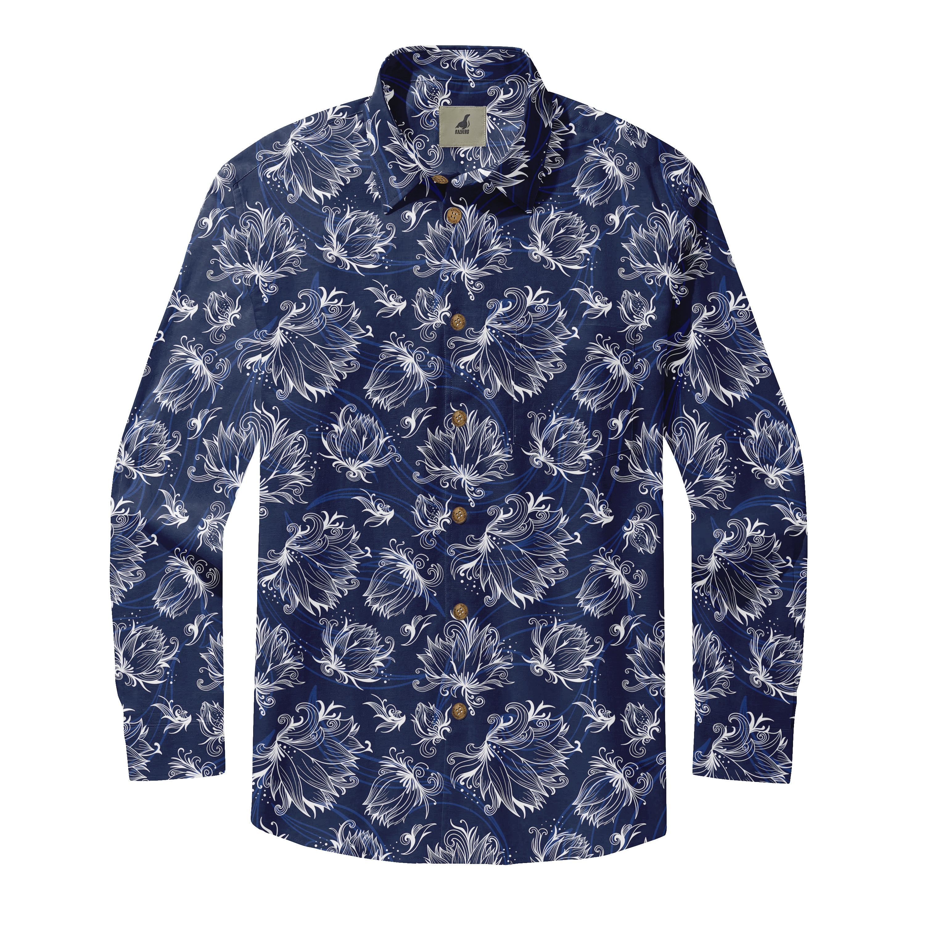 Blue shirt with white floral pattern, long sleeves.