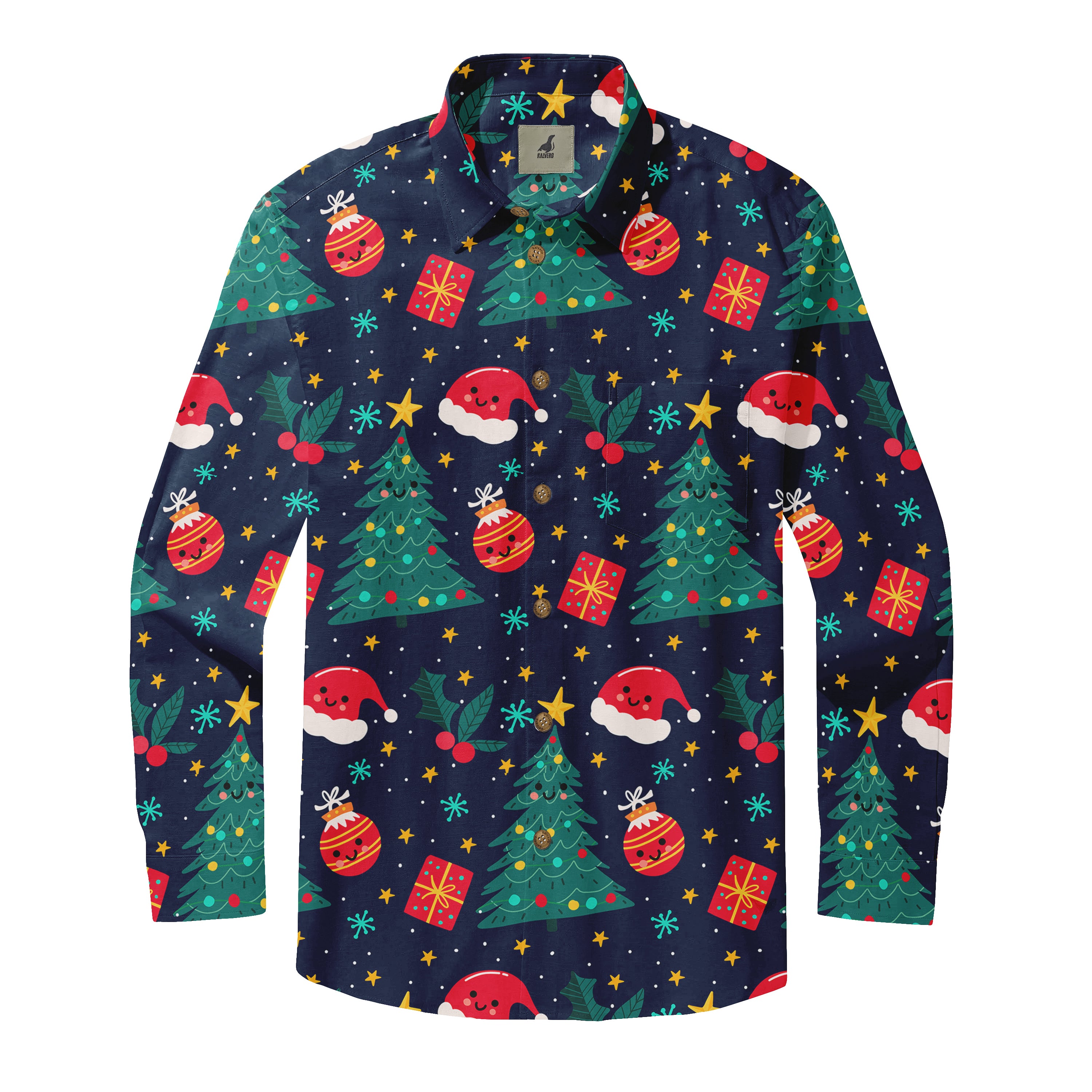 Festive navy shirt with Christmas trees, ornaments, Santa hats.