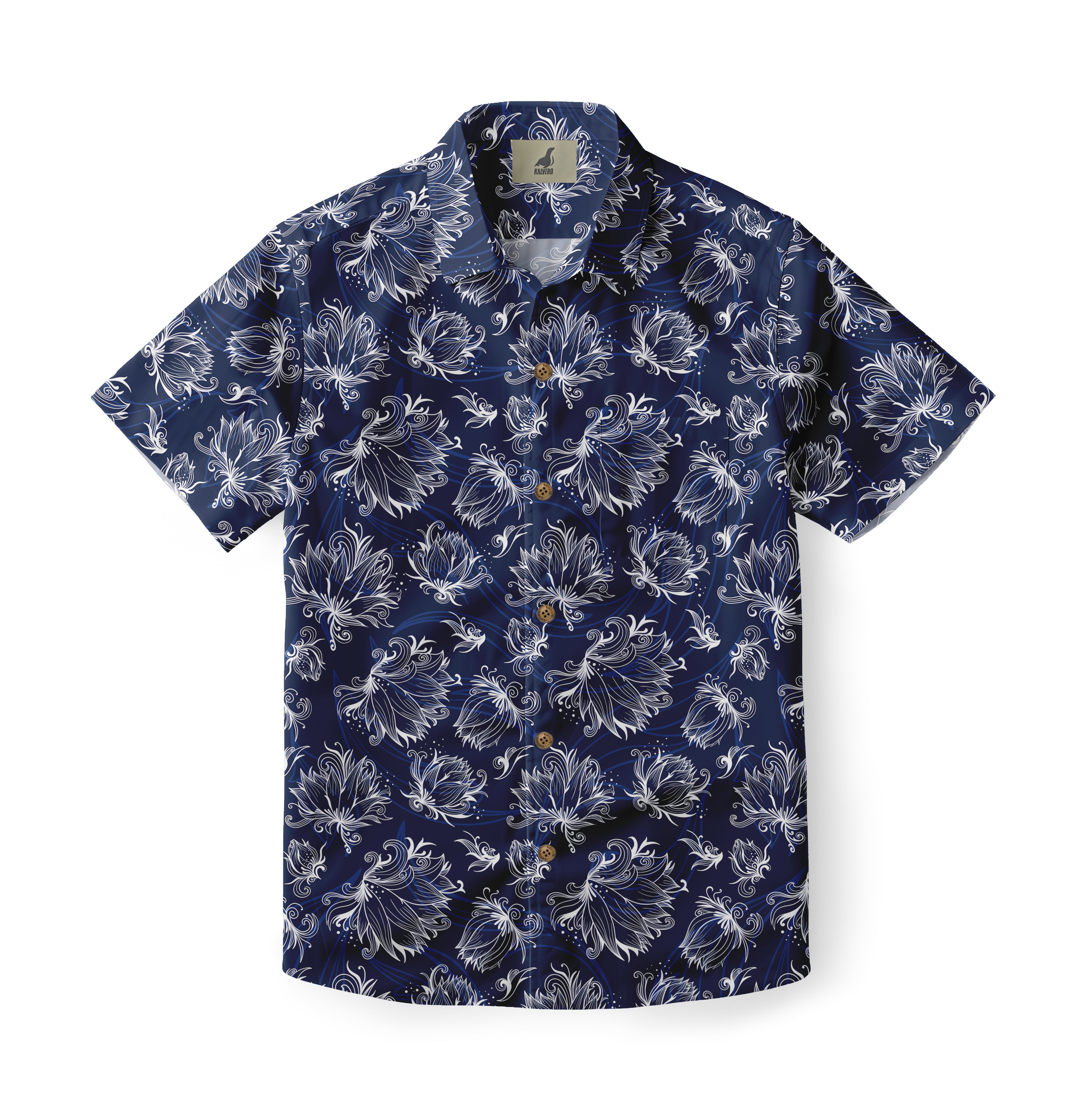Blue shirt with white floral pattern, short sleeves.