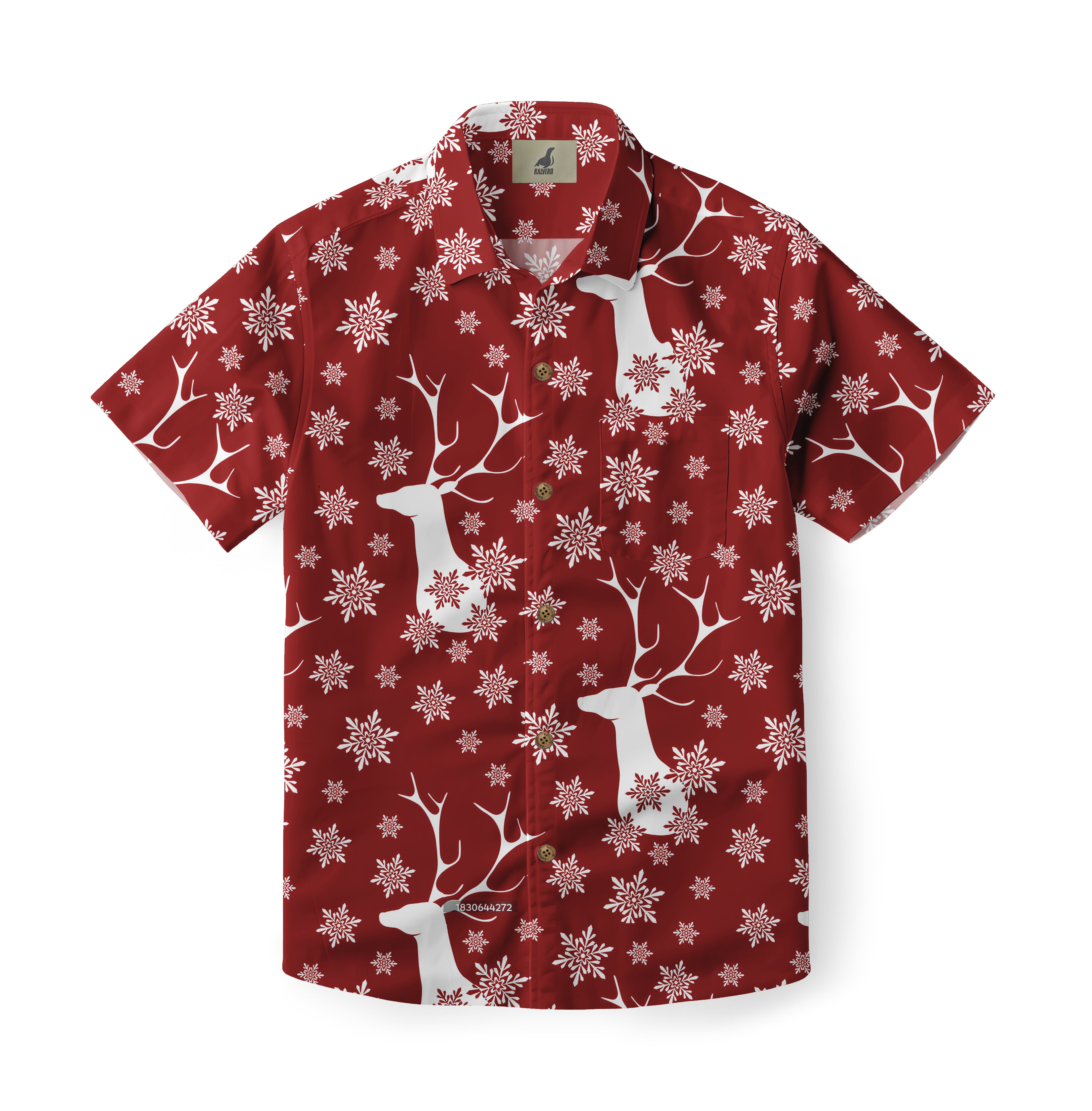 Red Hawaiian shirt with white reindeer and snowflake patterns, short.
