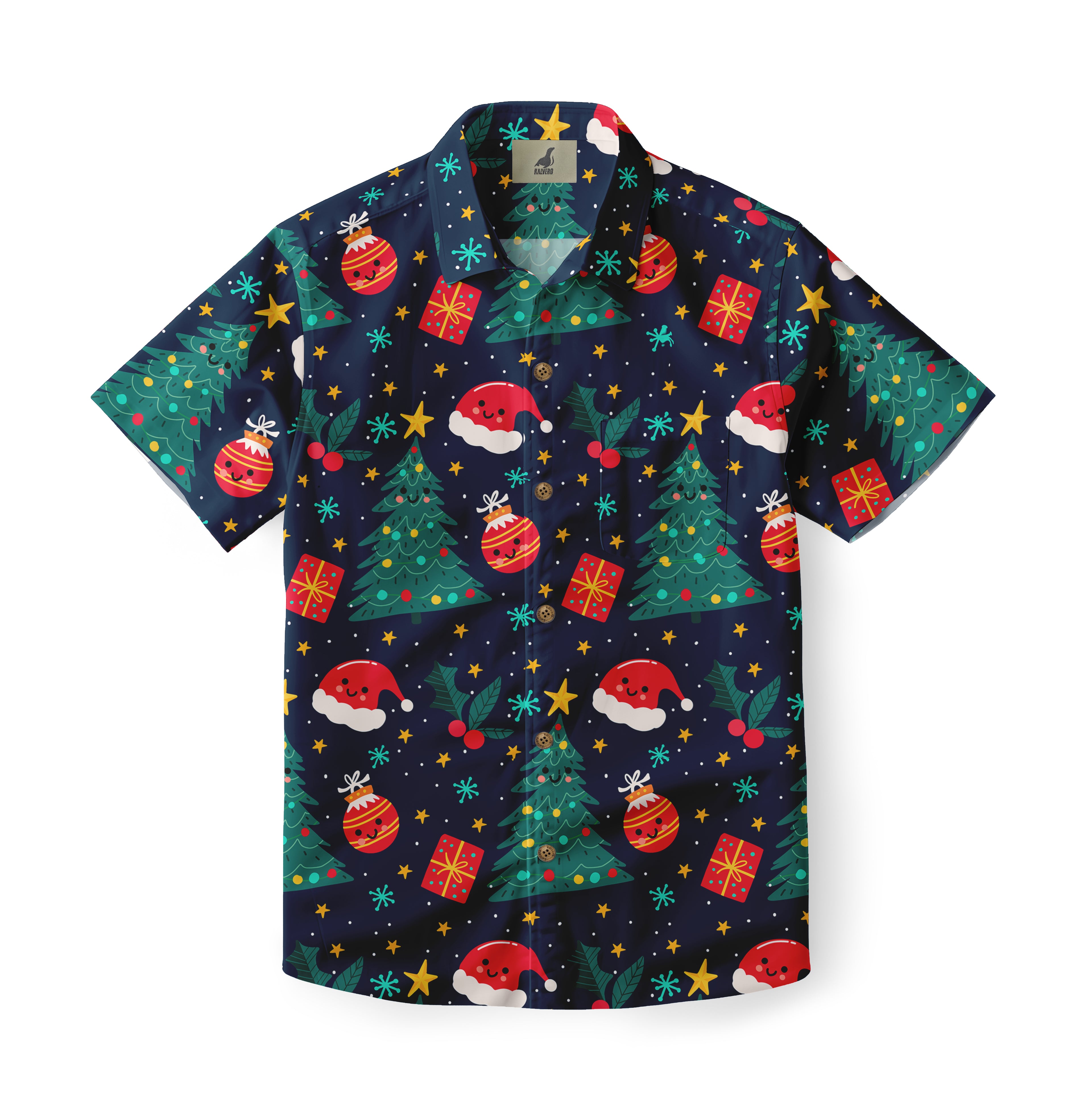 Christmas-themed navy blue shirt with festive trees, ornaments.