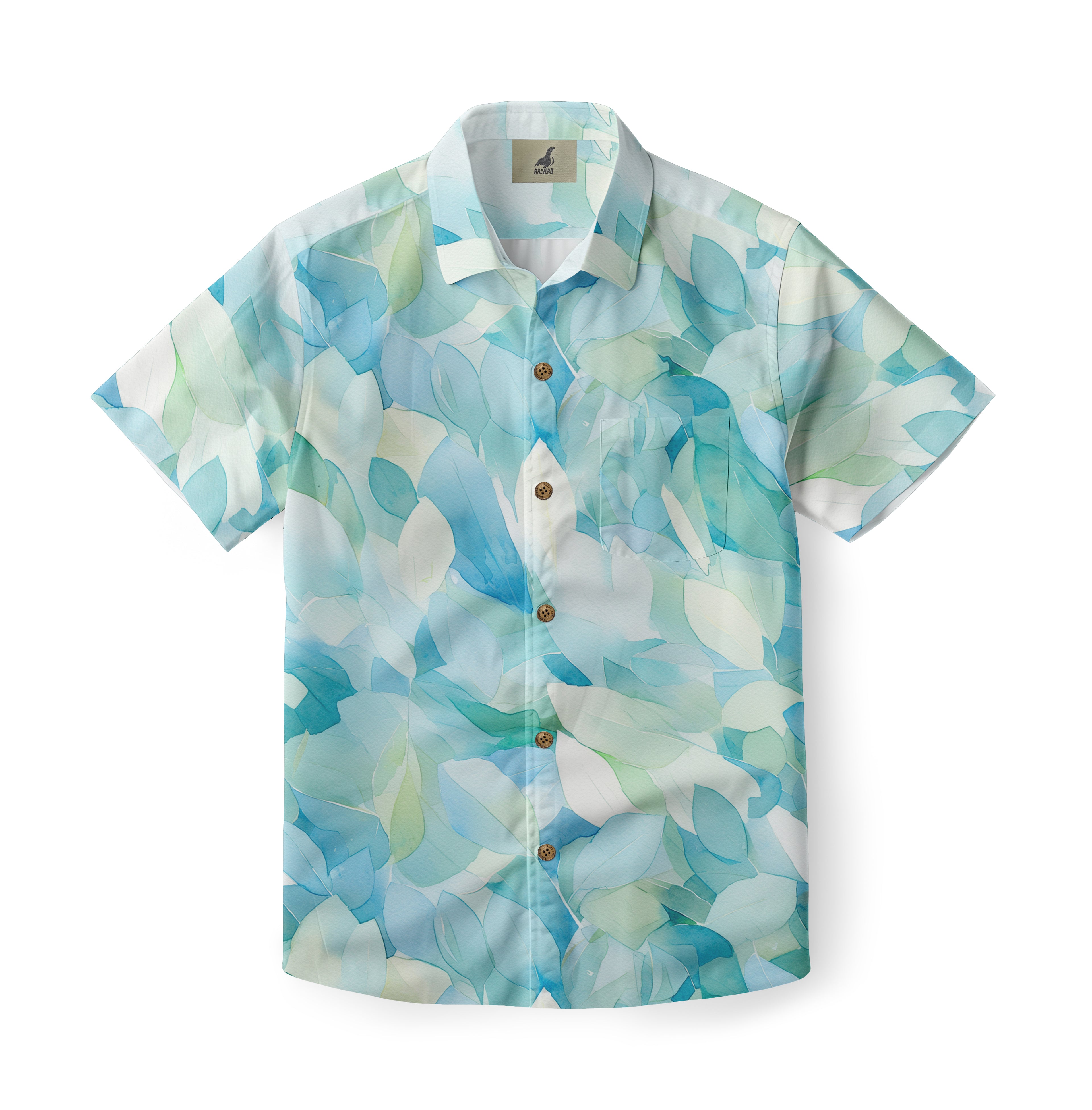 Short-sleeve button-up shirt with blue and green leaf pattern.