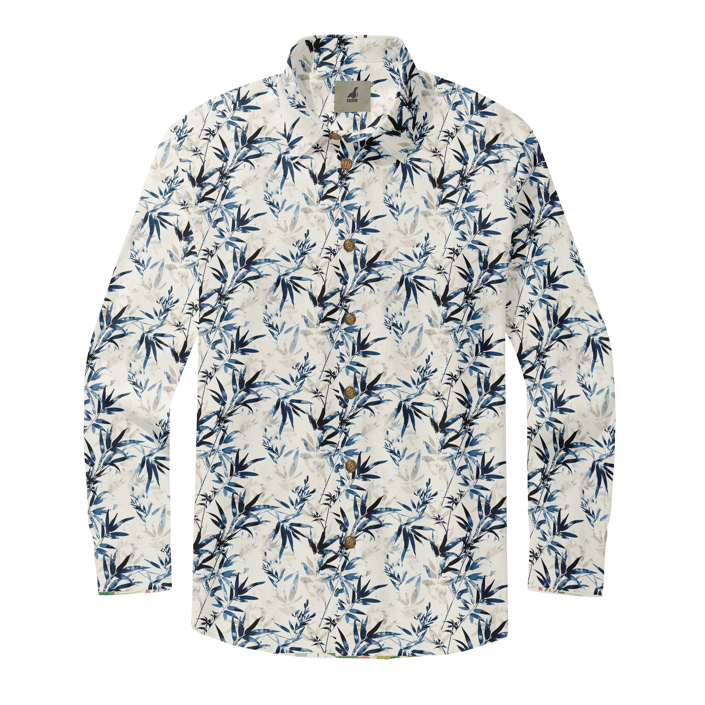 Long-sleeve shirt with blue and white bamboo leaf print, featuring.