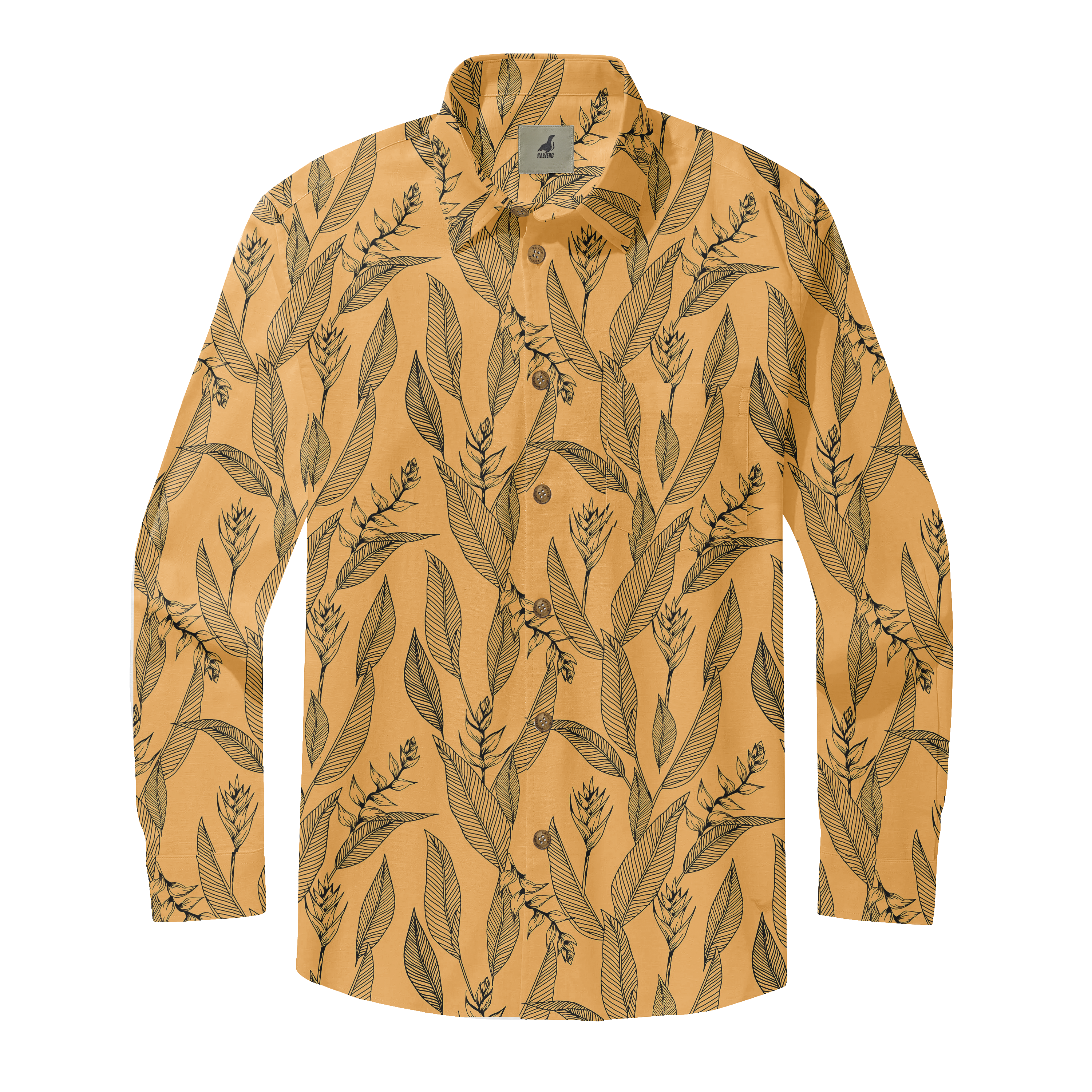 Mustard yellow shirt with black botanical print, long sleeves.