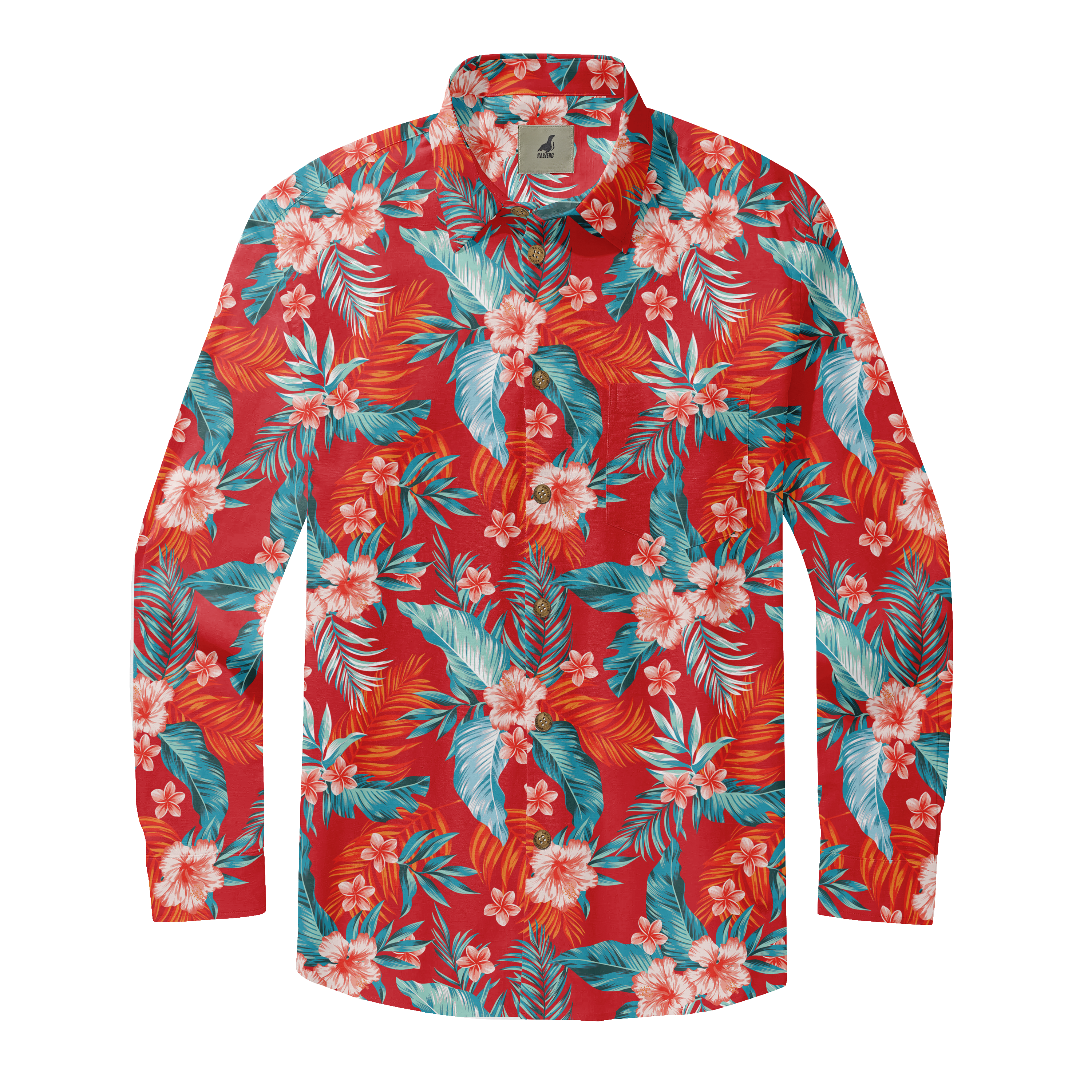 Vibrant red long-sleeve shirt with tropical floral and leaf pattern.