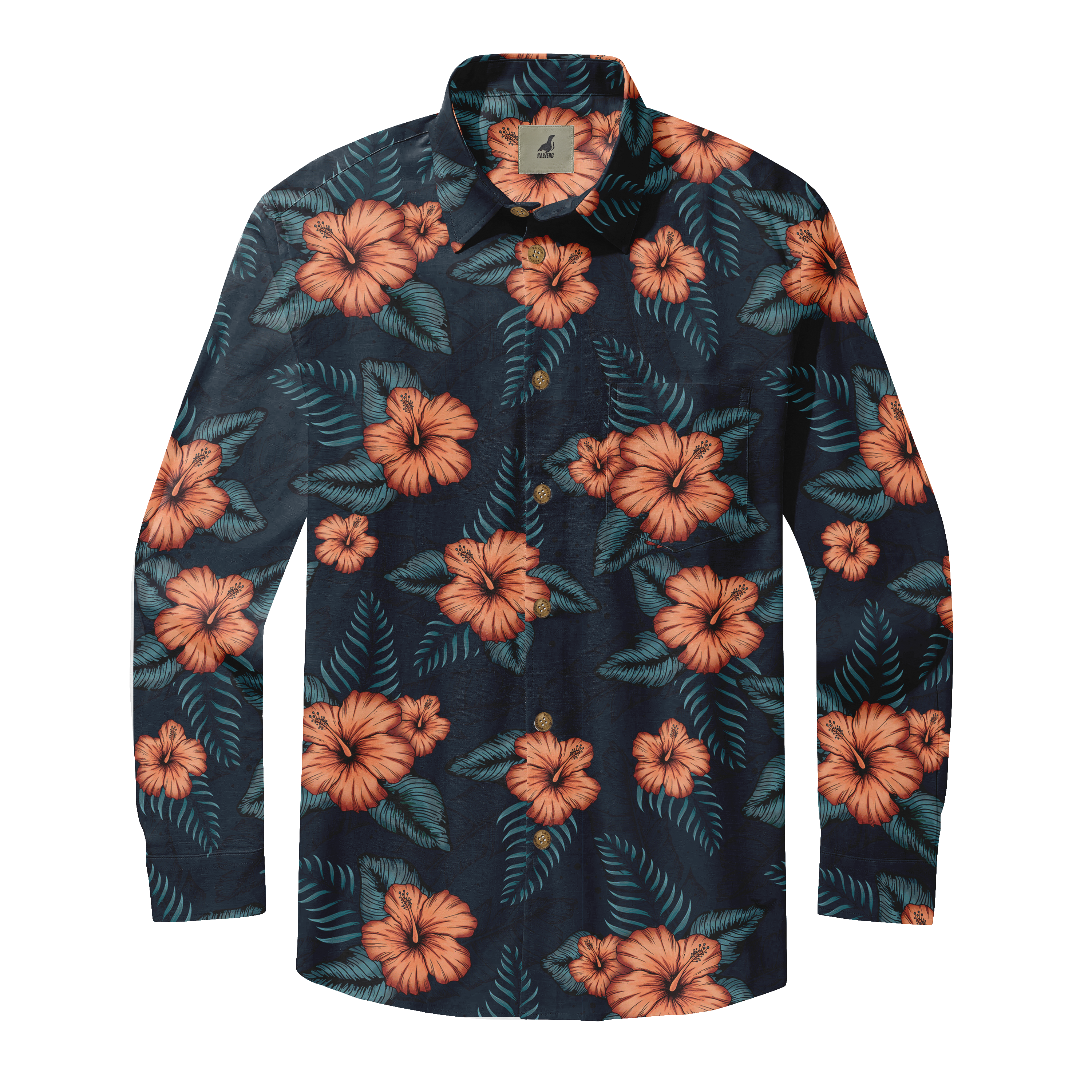 Dark blue long-sleeve shirt with orange hibiscus and green leaf.