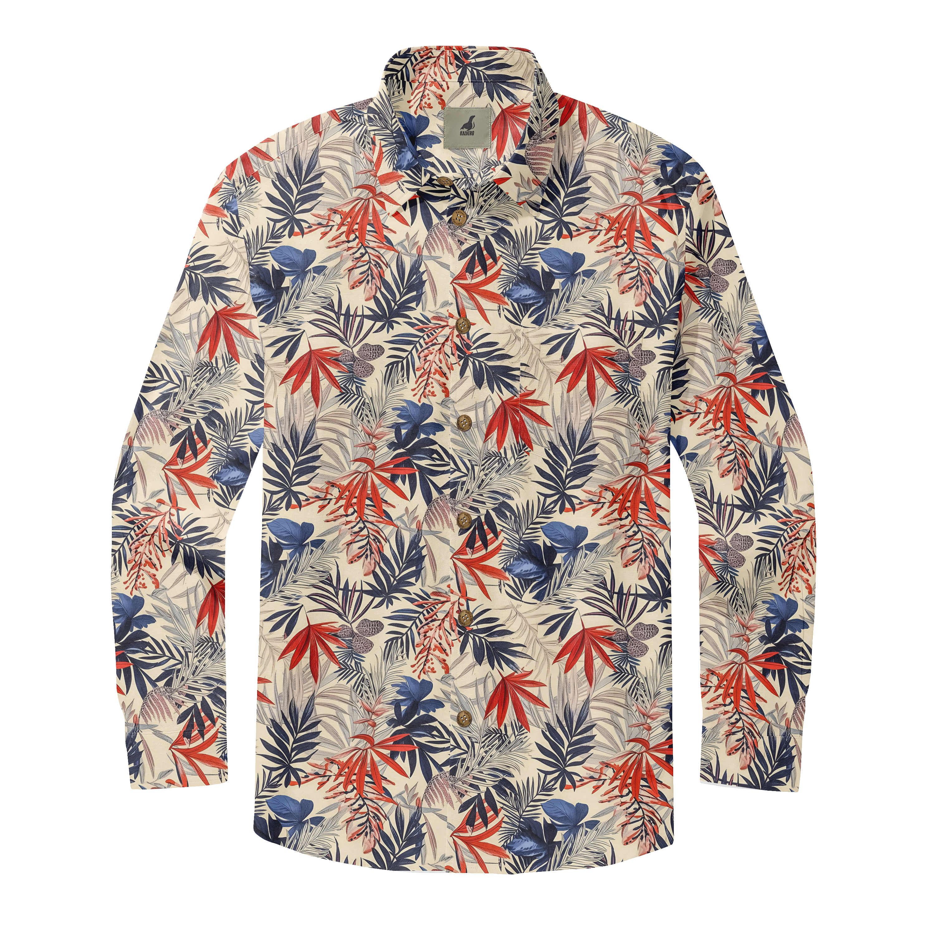 Beige shirt with red and blue tropical leaf print.