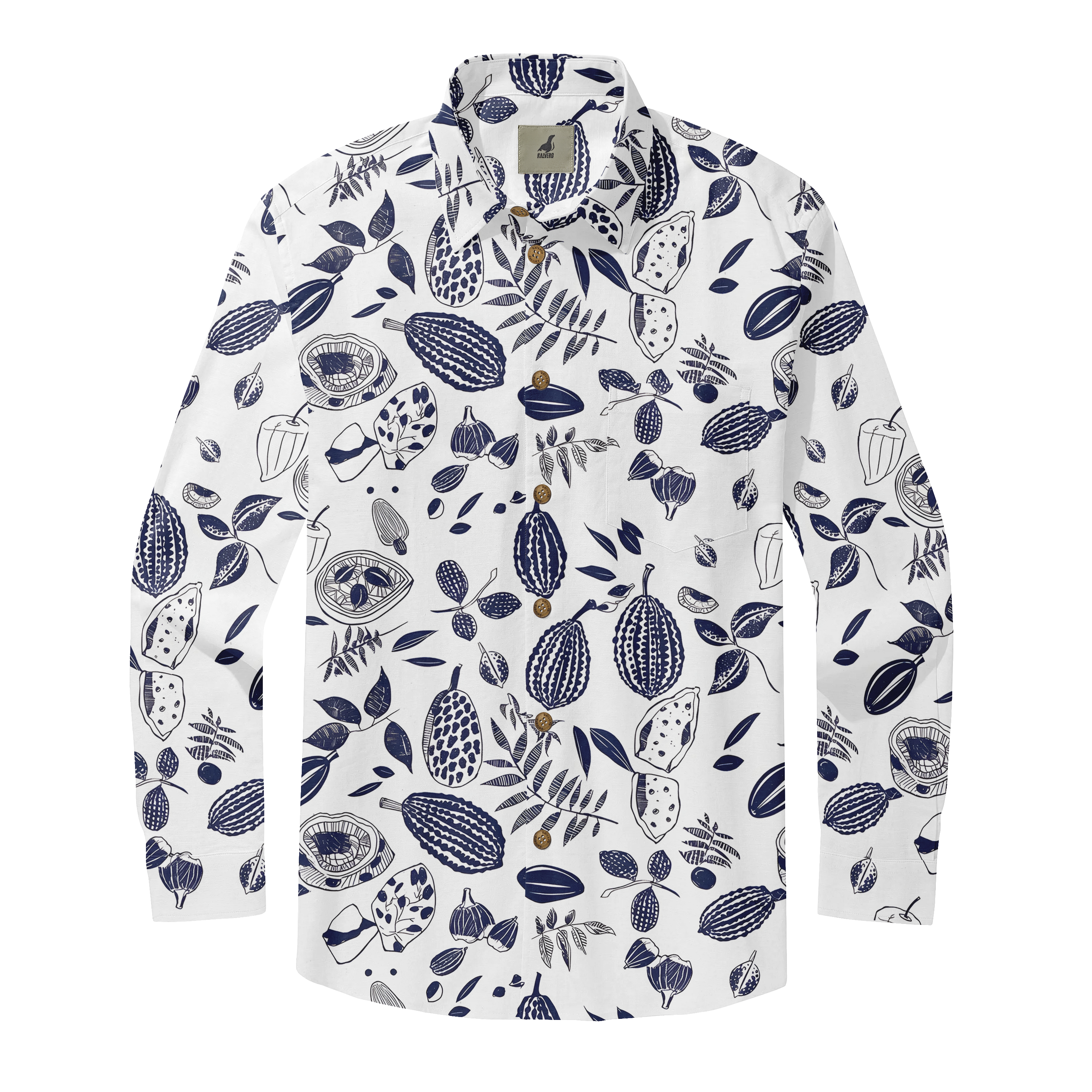 White long-sleeve shirt with navy blue fruit and leaf pattern.
