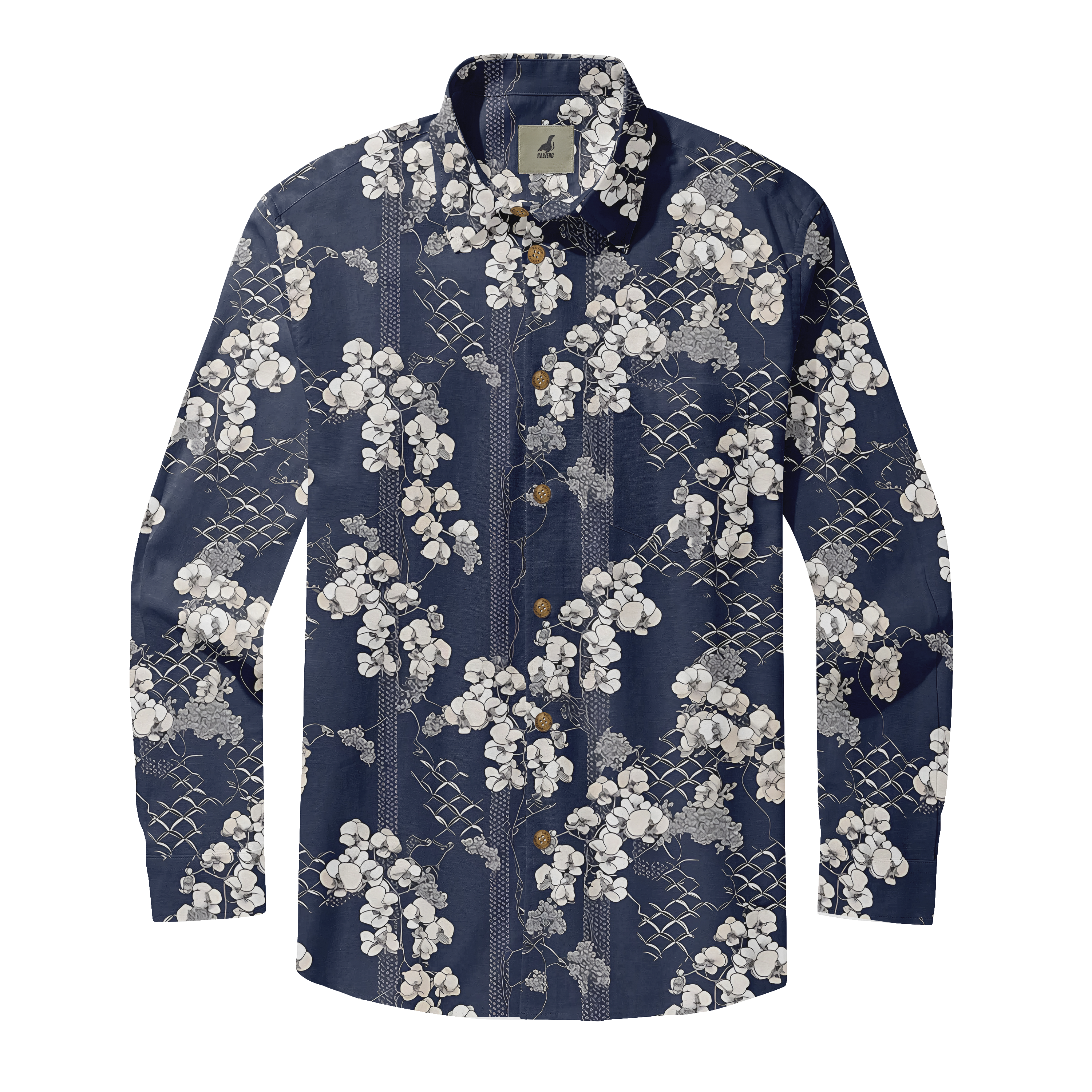 Navy blue long-sleeve shirt with white floral and geometric pattern.