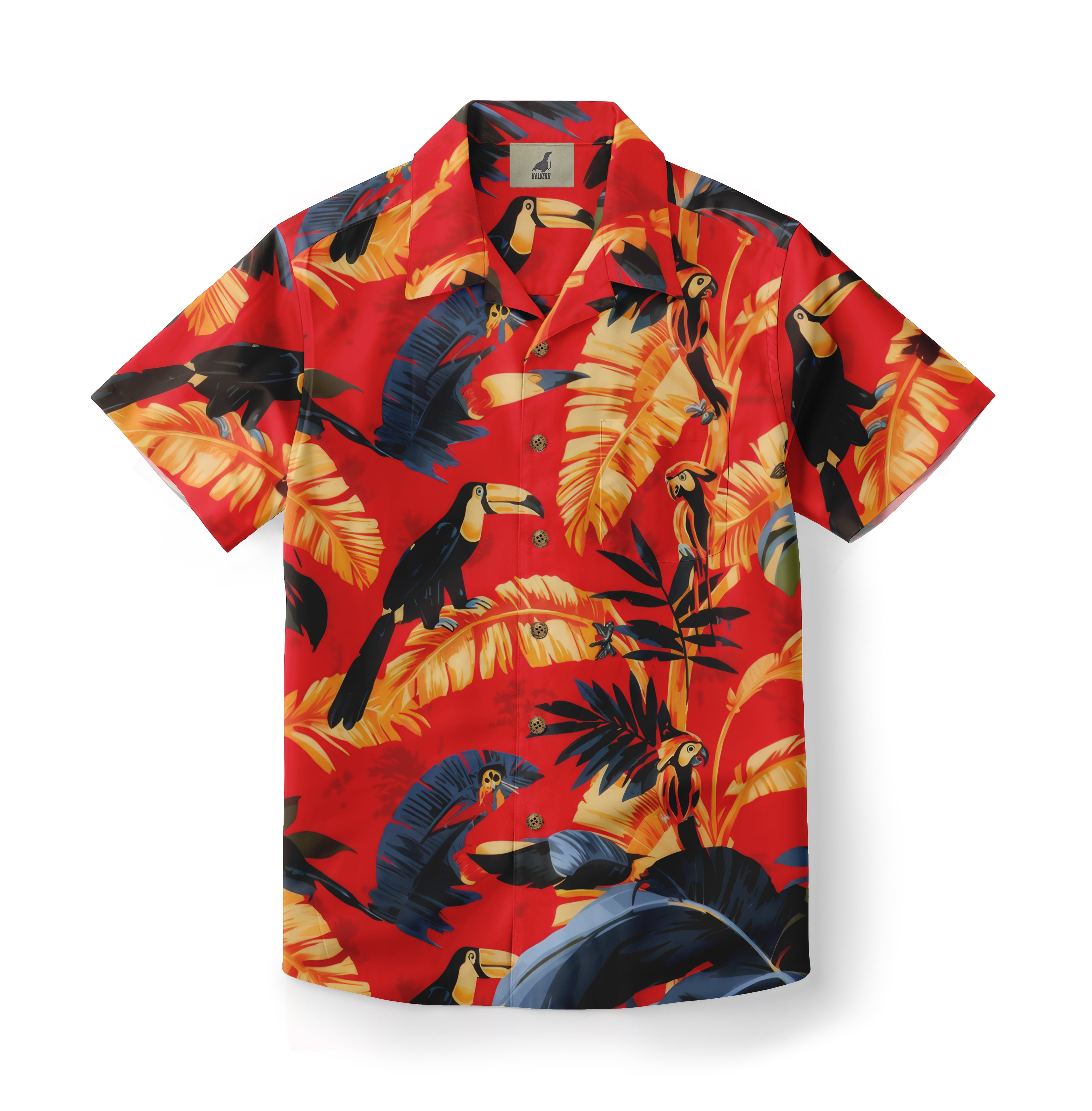 Red Hawaiian shirt with toucan and palm leaf print, short sleeves.
