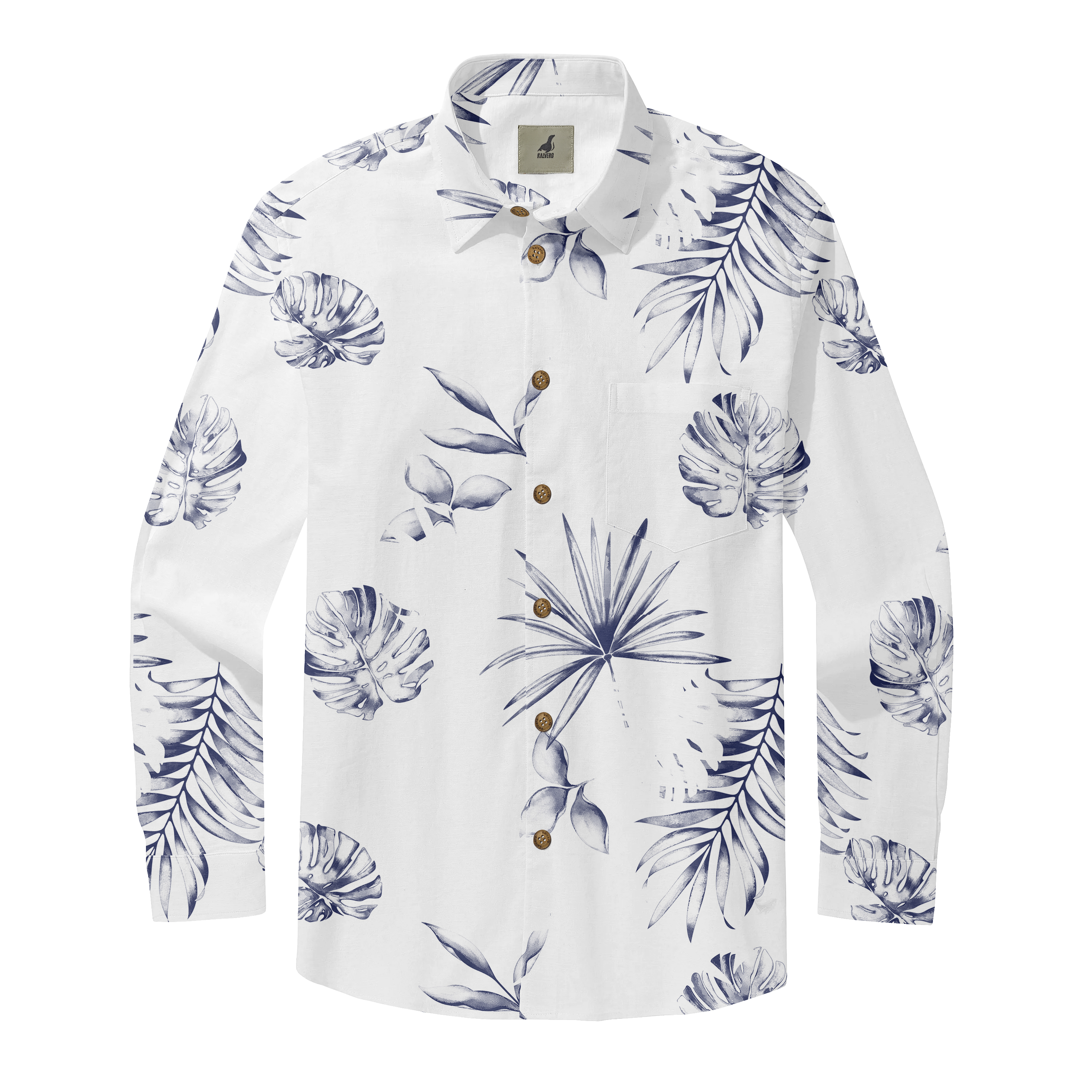 White long-sleeve shirt with navy tropical leaf print and gold.