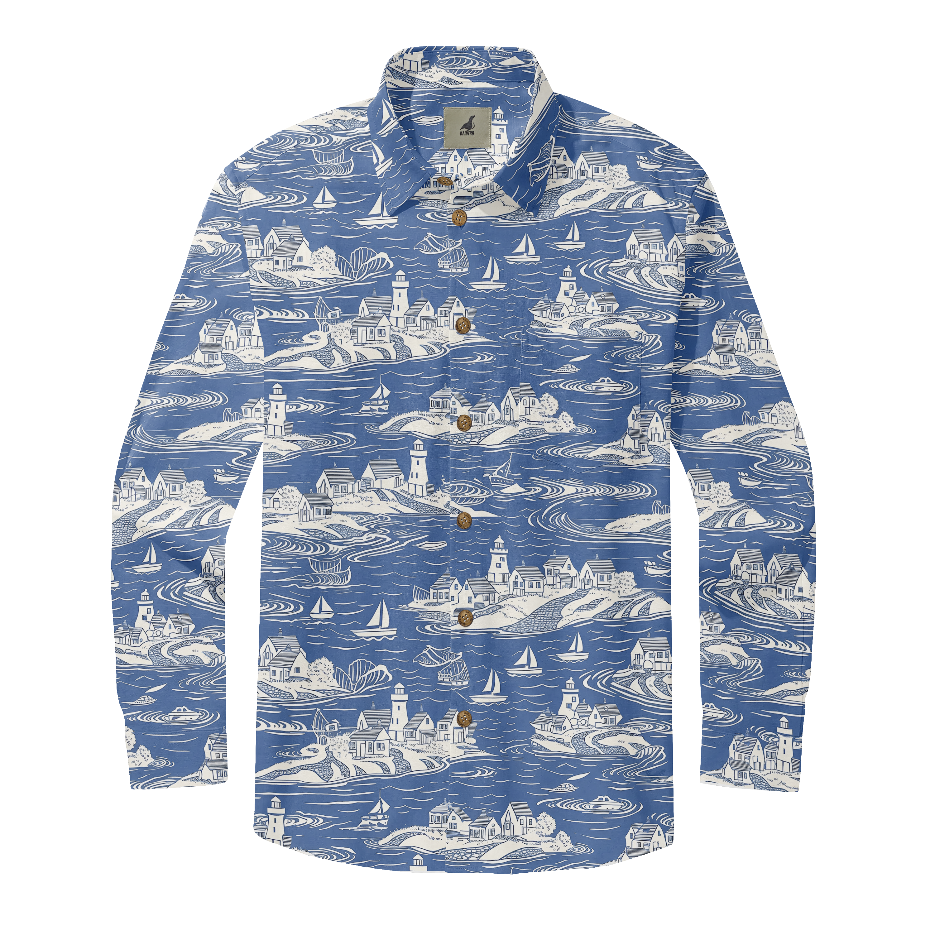 Blue long-sleeve shirt with white coastal village and boat pattern.