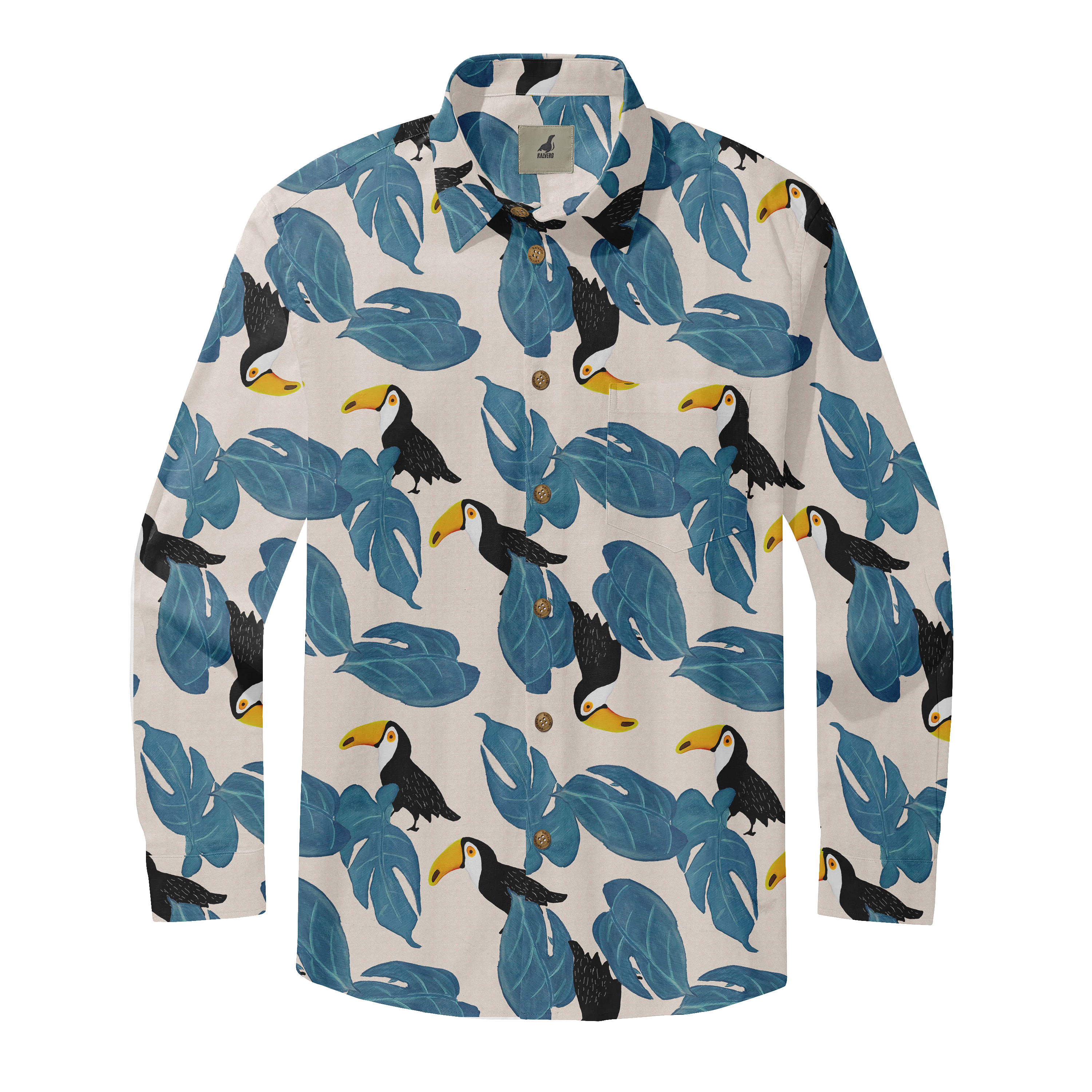 Tropical shirt with toucan and leaf print, beige background, long.