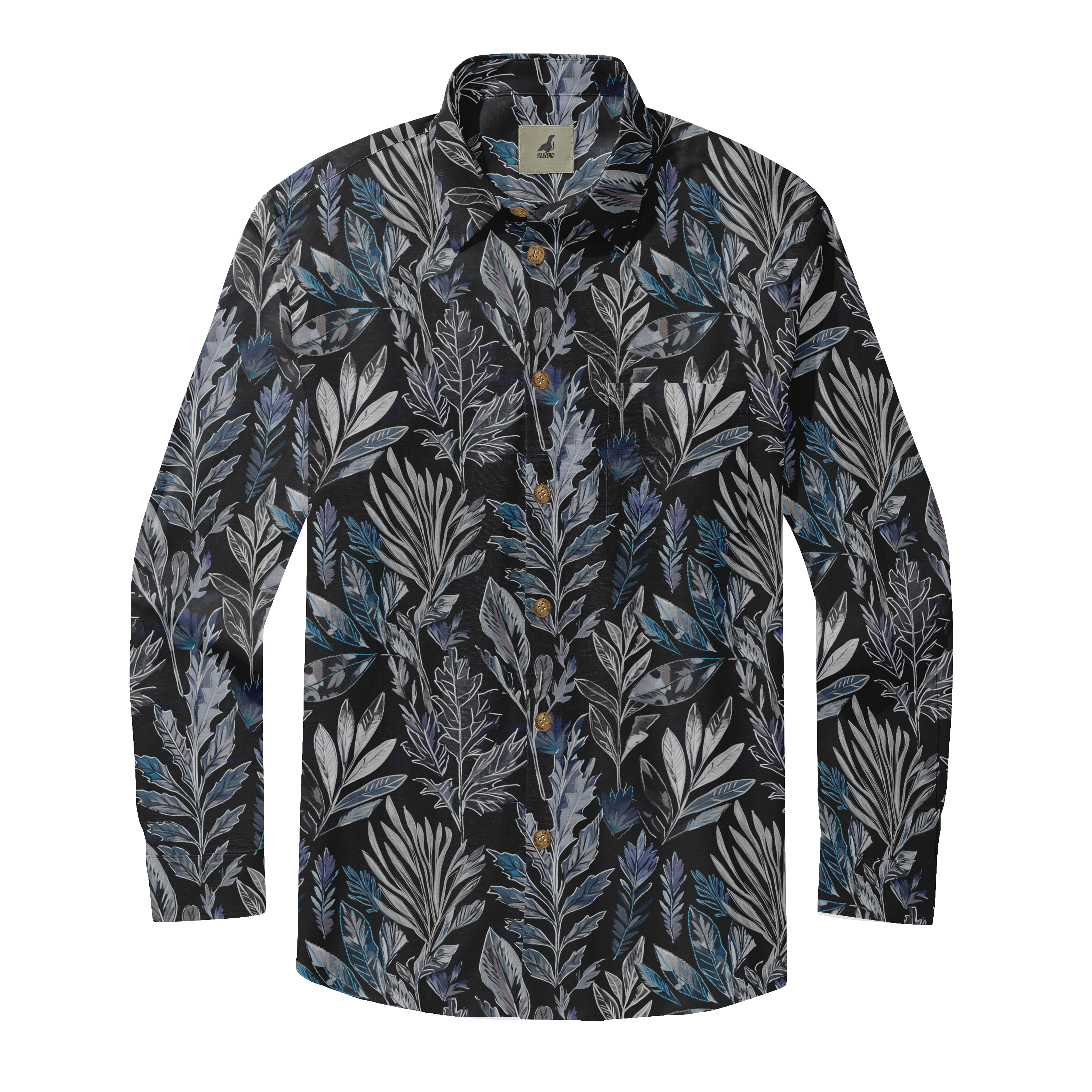 Black shirt with blue and gray leaf patterns.