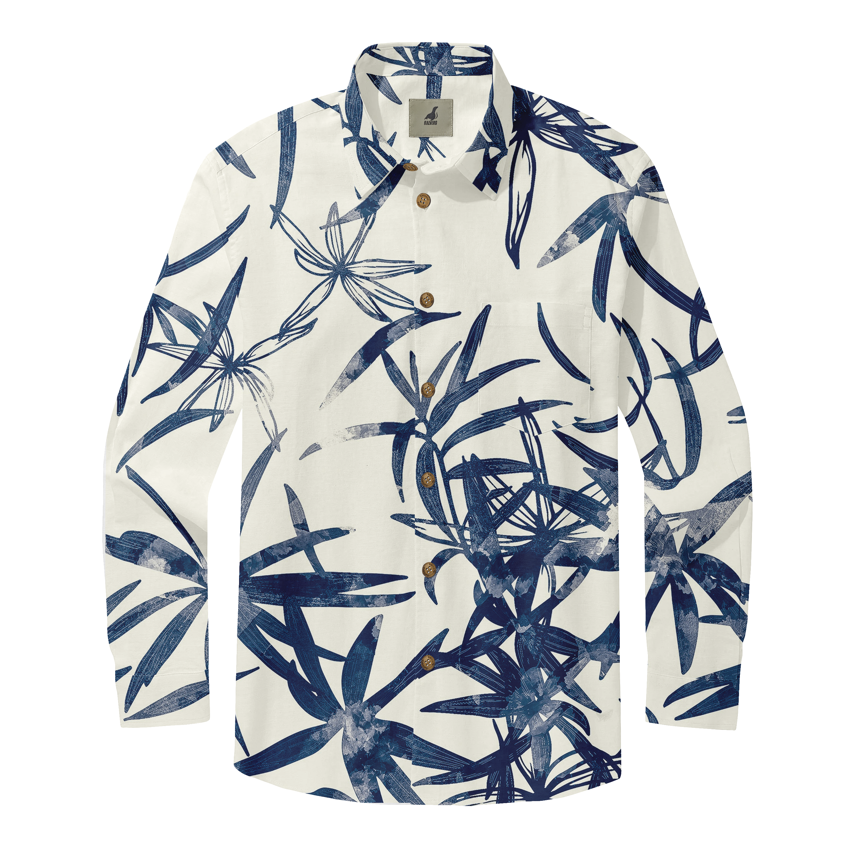 White long-sleeve shirt with blue tropical leaf print and wooden.