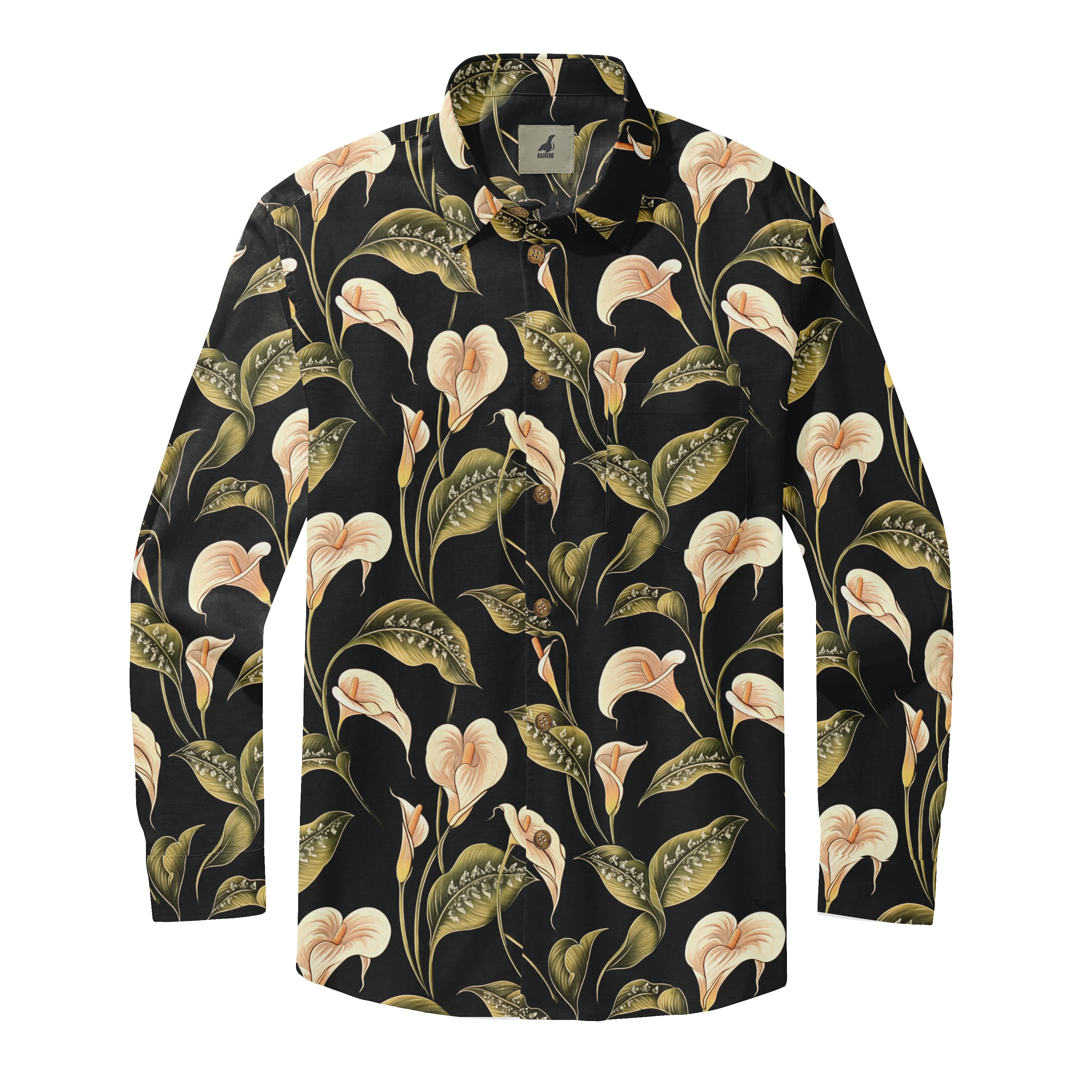 Black shirt with cream calla lilies and green leaves, button-up.