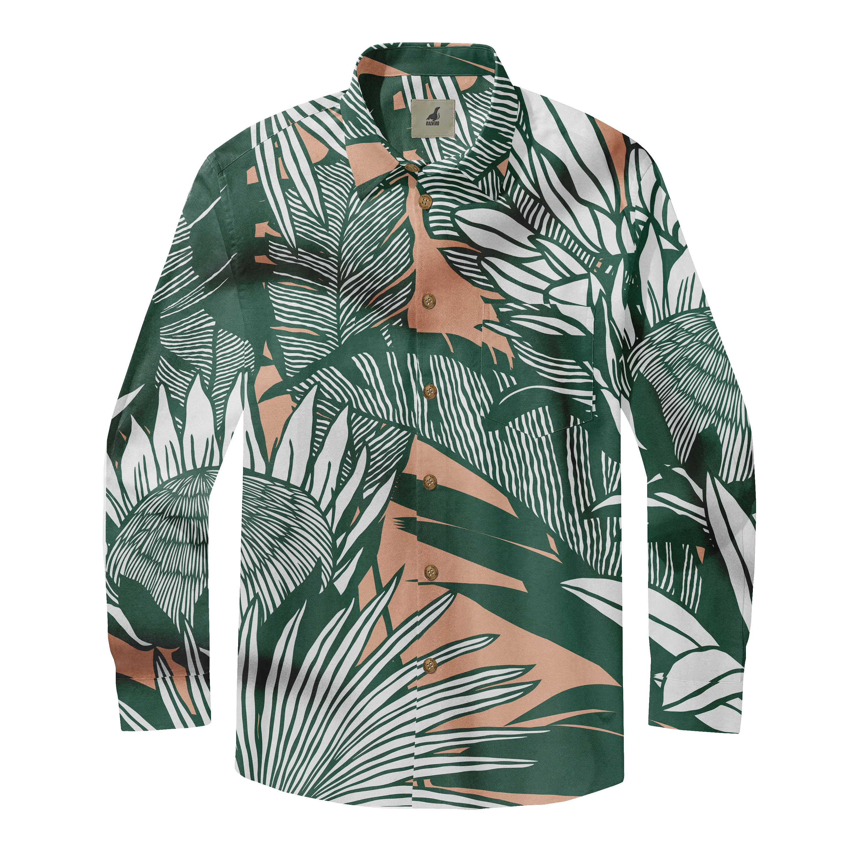 Green tropical leaf print shirt with peach accents.