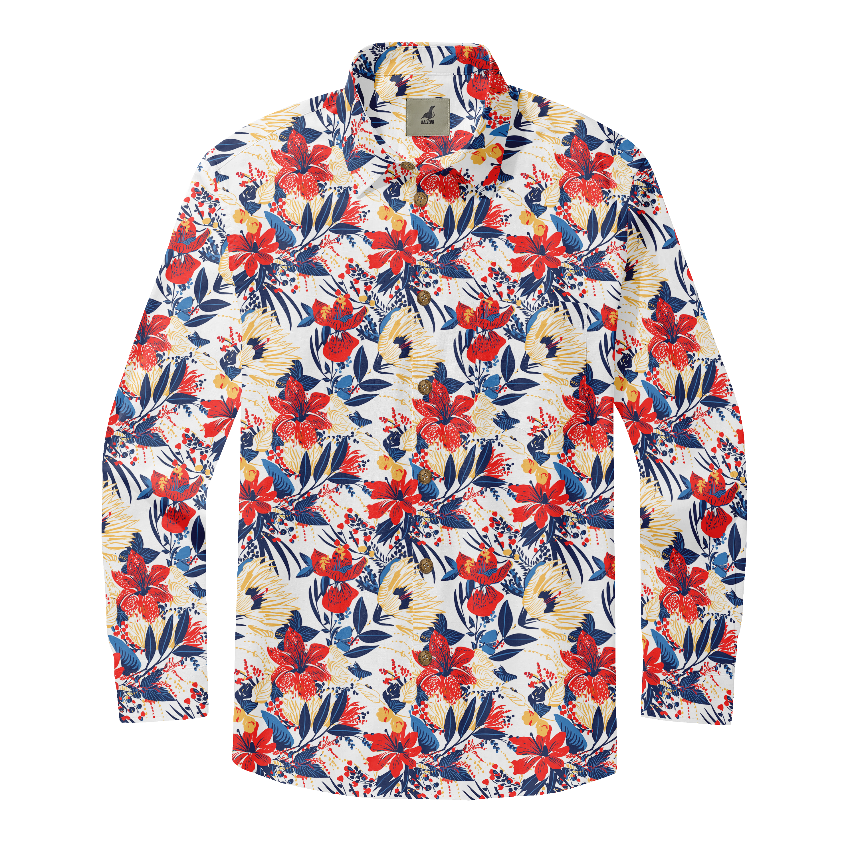 Vibrant floral shirt with red, blue, and yellow patterns on a white.