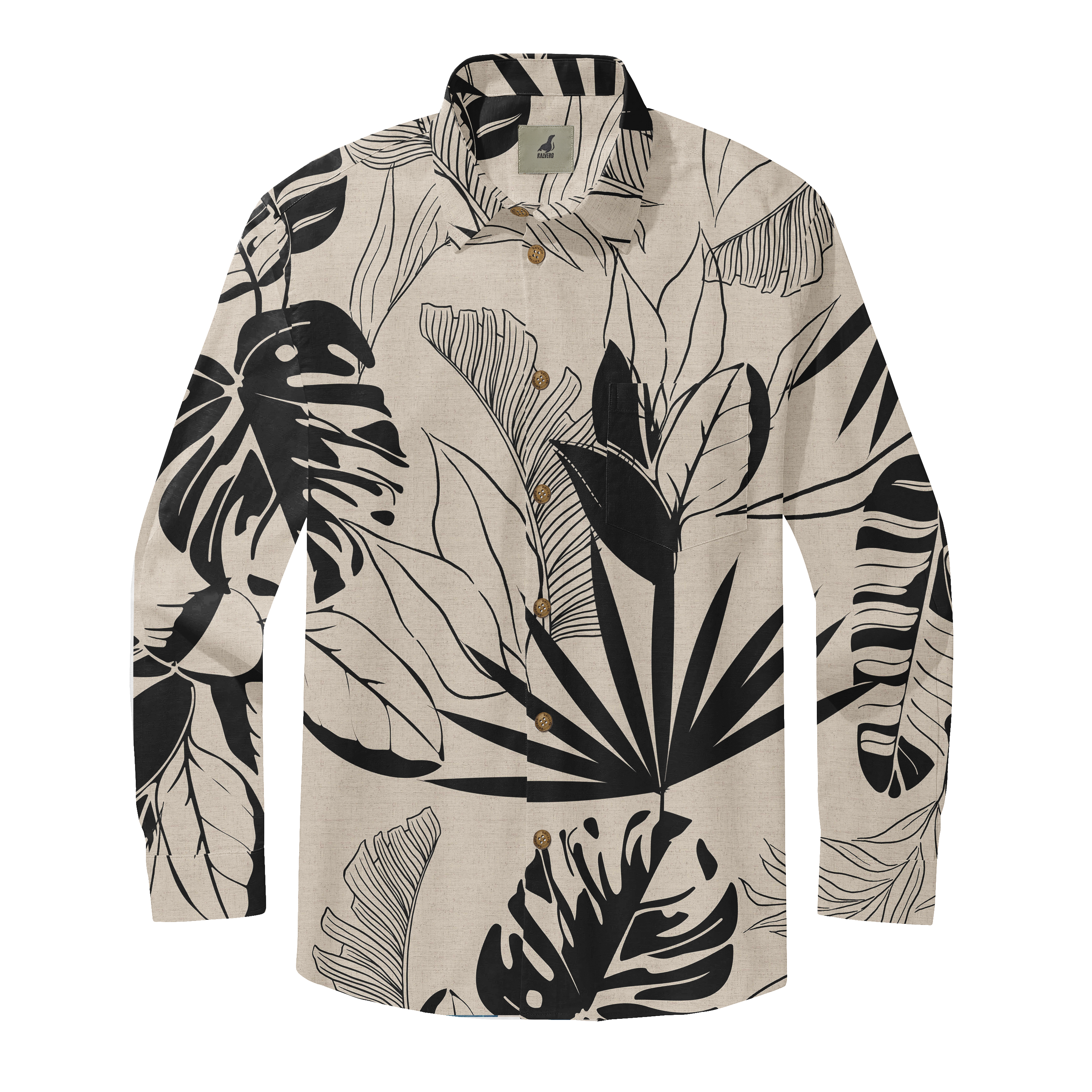 Beige long-sleeve shirt with black tropical leaf print and wooden.