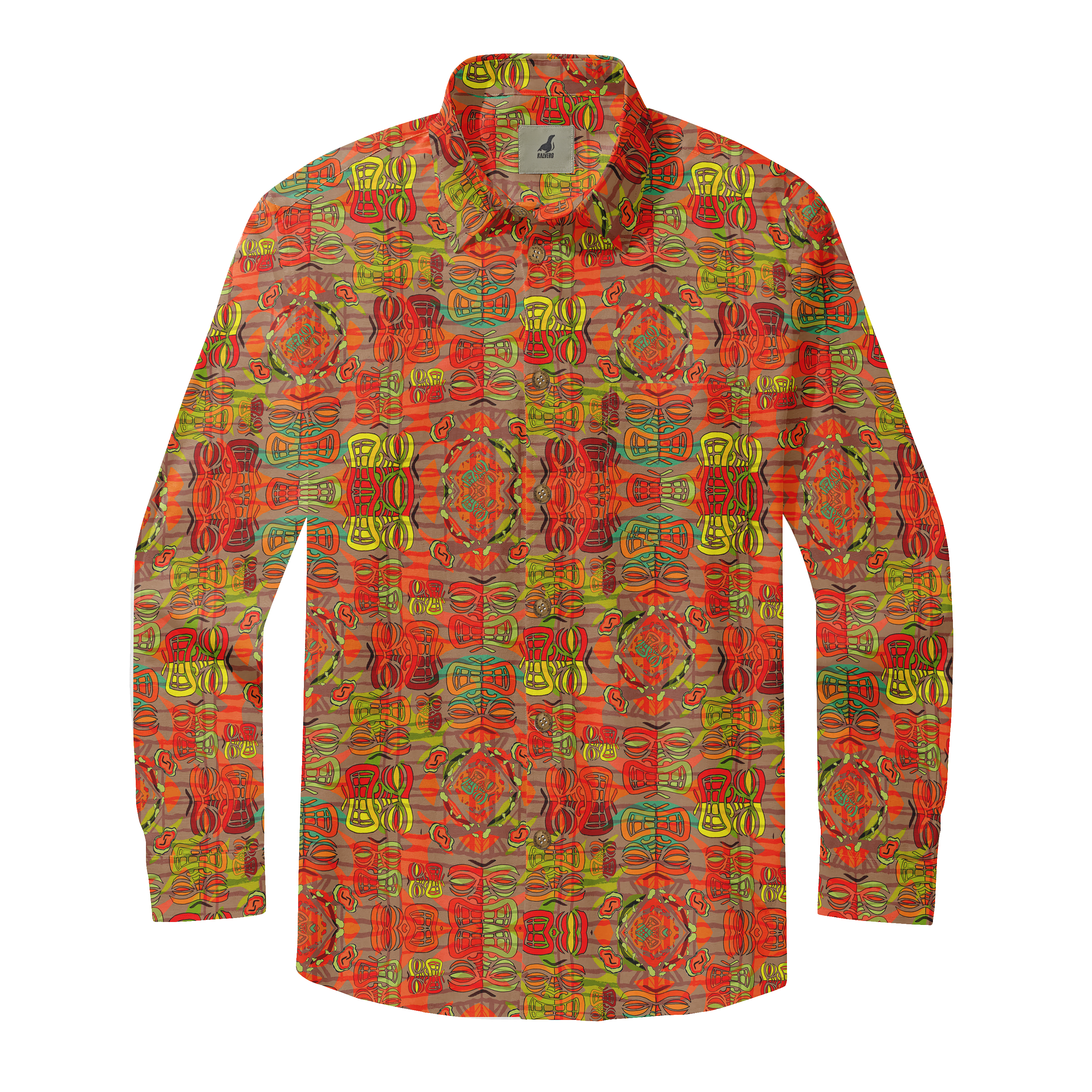 Colorful patterned long-sleeve shirt with vibrant geometric designs.