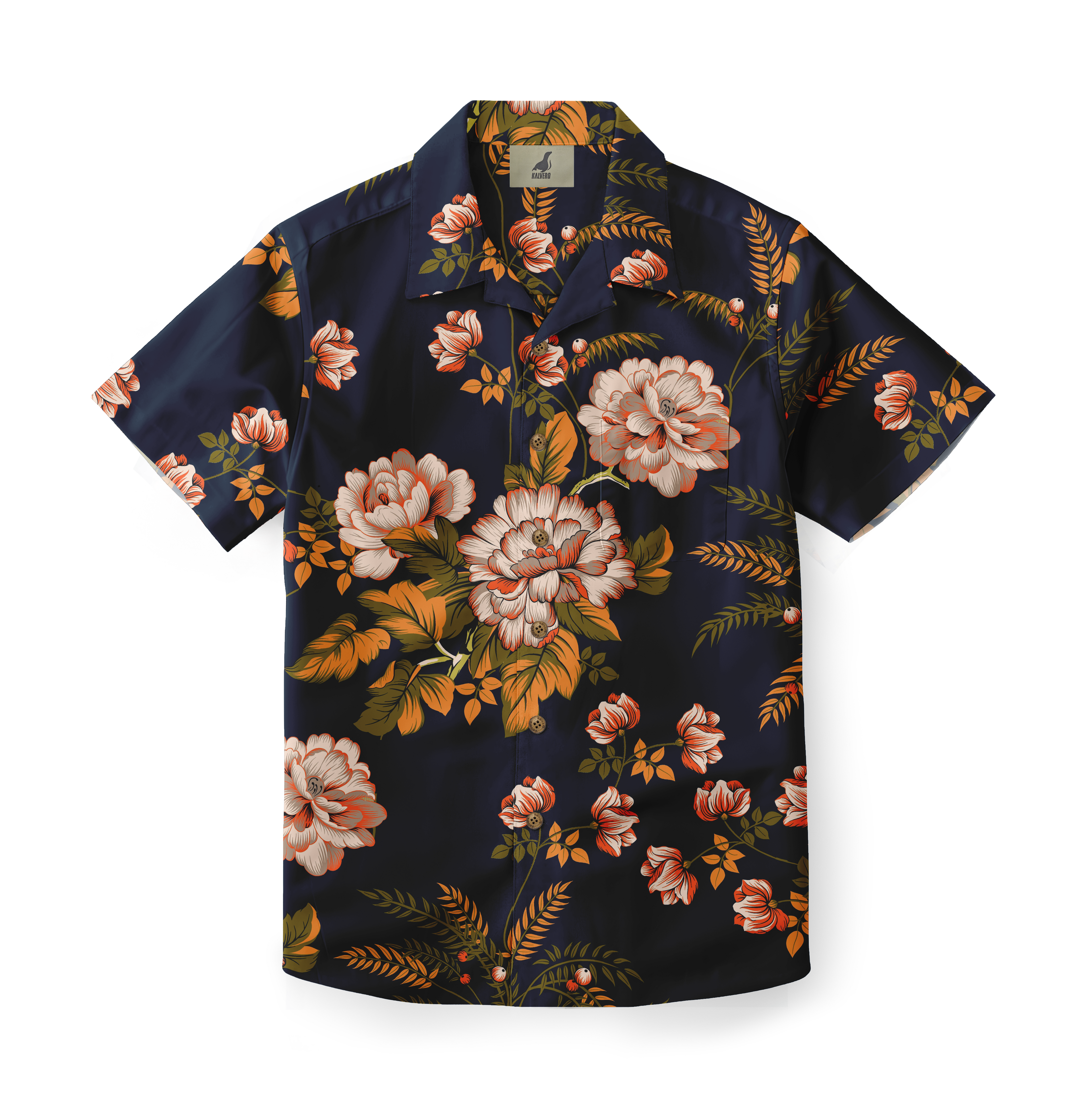 Dark blue short-sleeve shirt with vibrant floral pattern featuring.