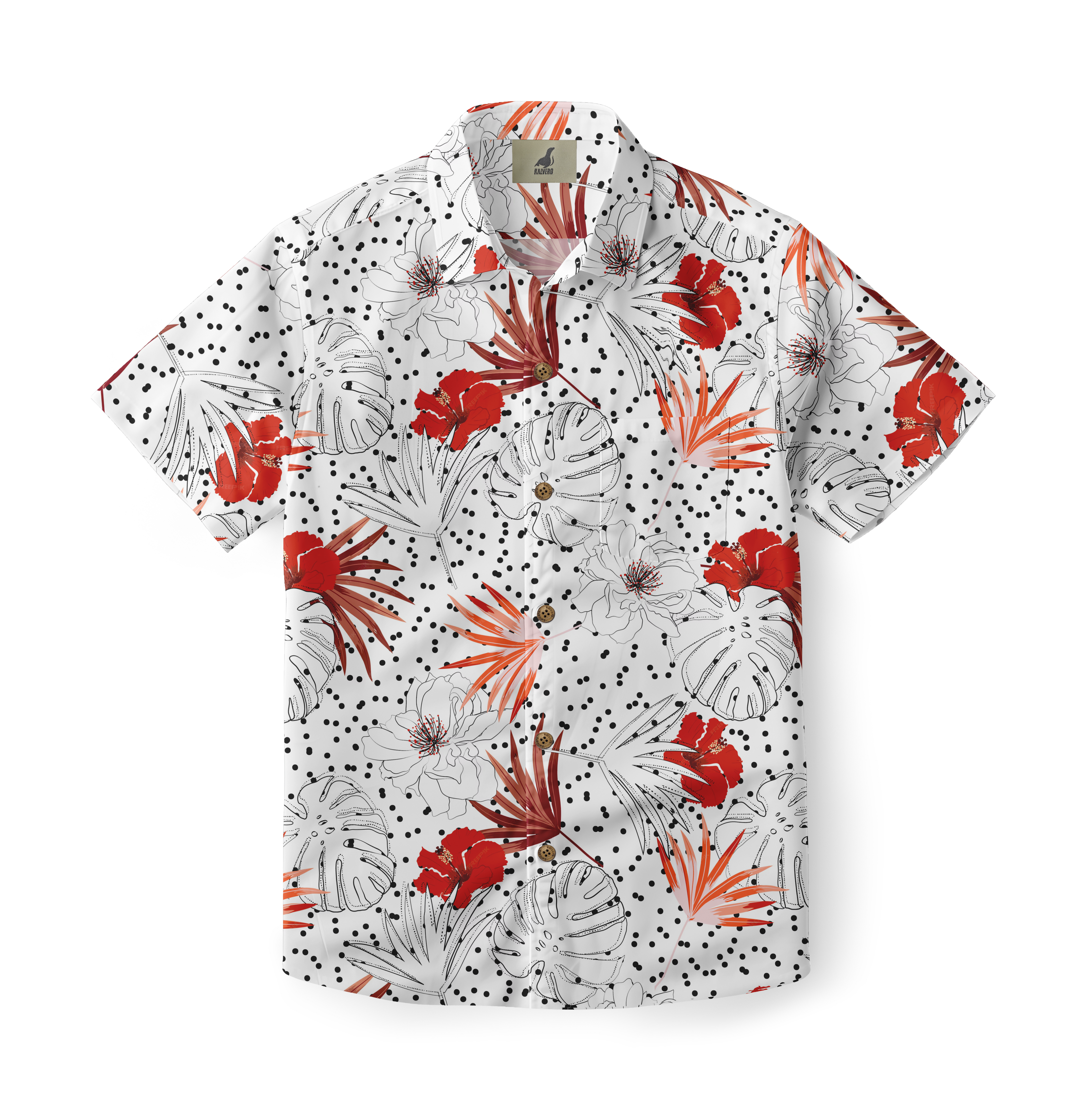 White short-sleeve shirt with red flowers, black dots, and tropical.