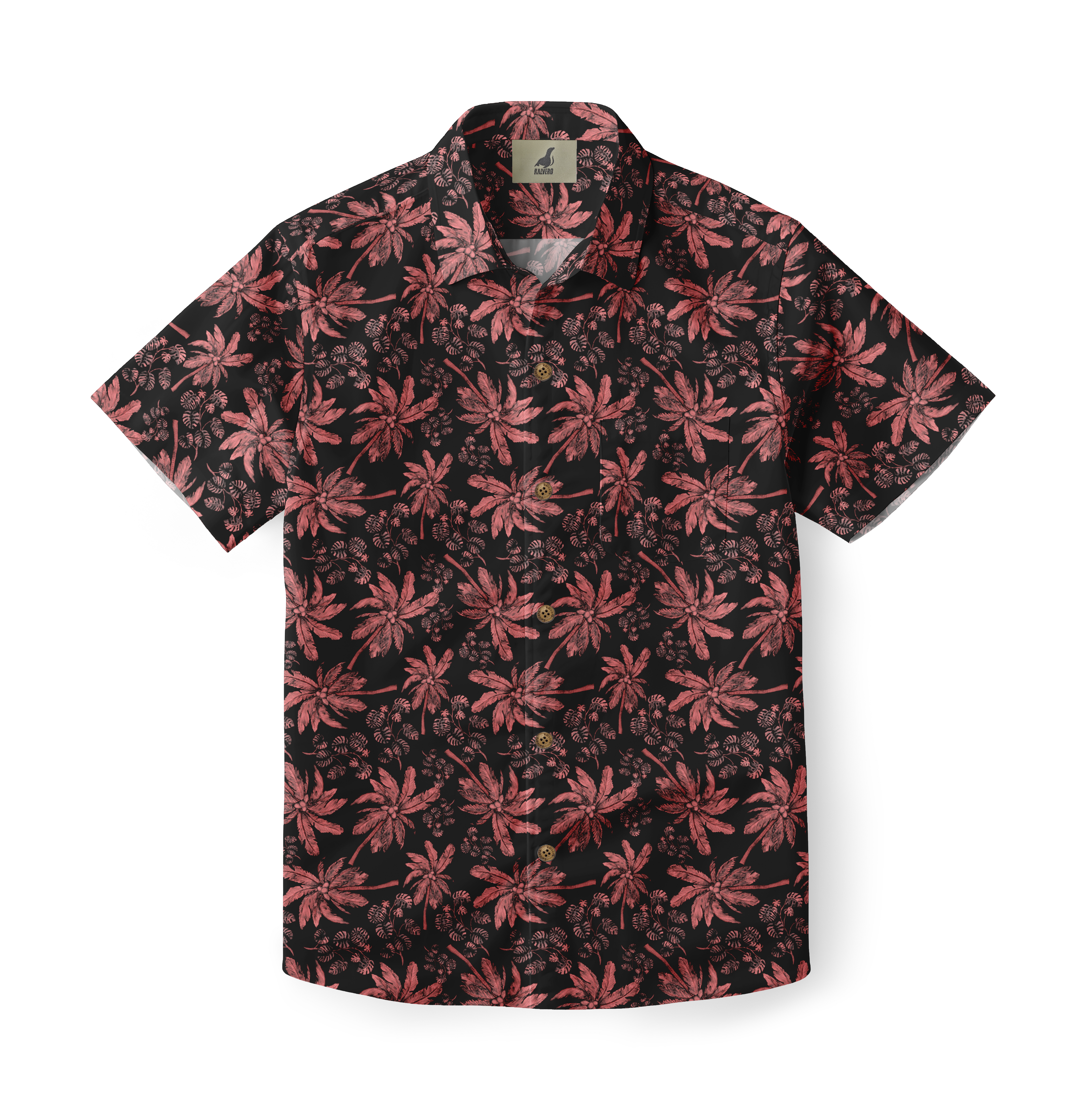 Black short-sleeve shirt with red palm tree pattern and button-down.
