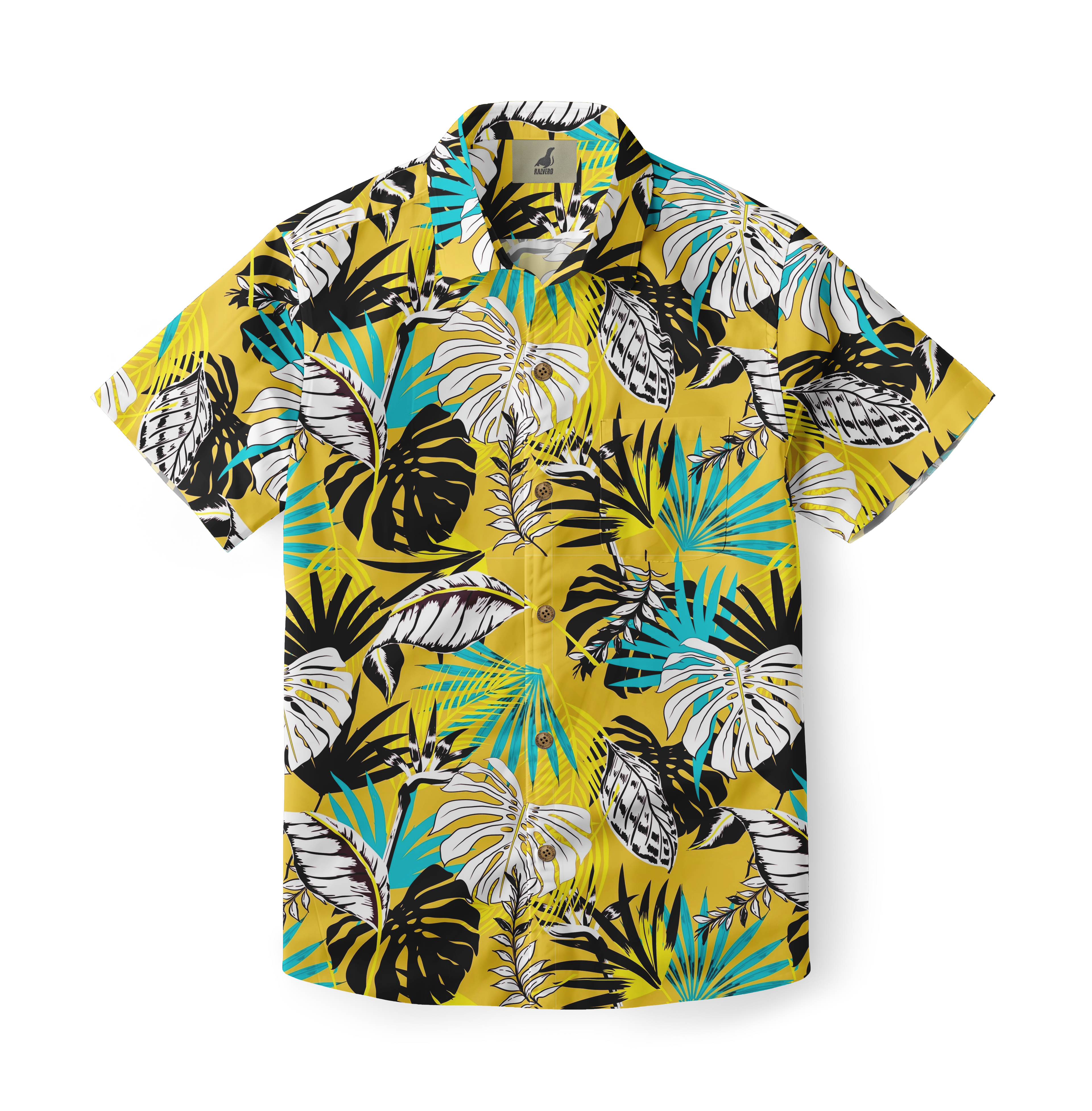 Vibrant yellow short-sleeve shirt with bold tropical leaf print.