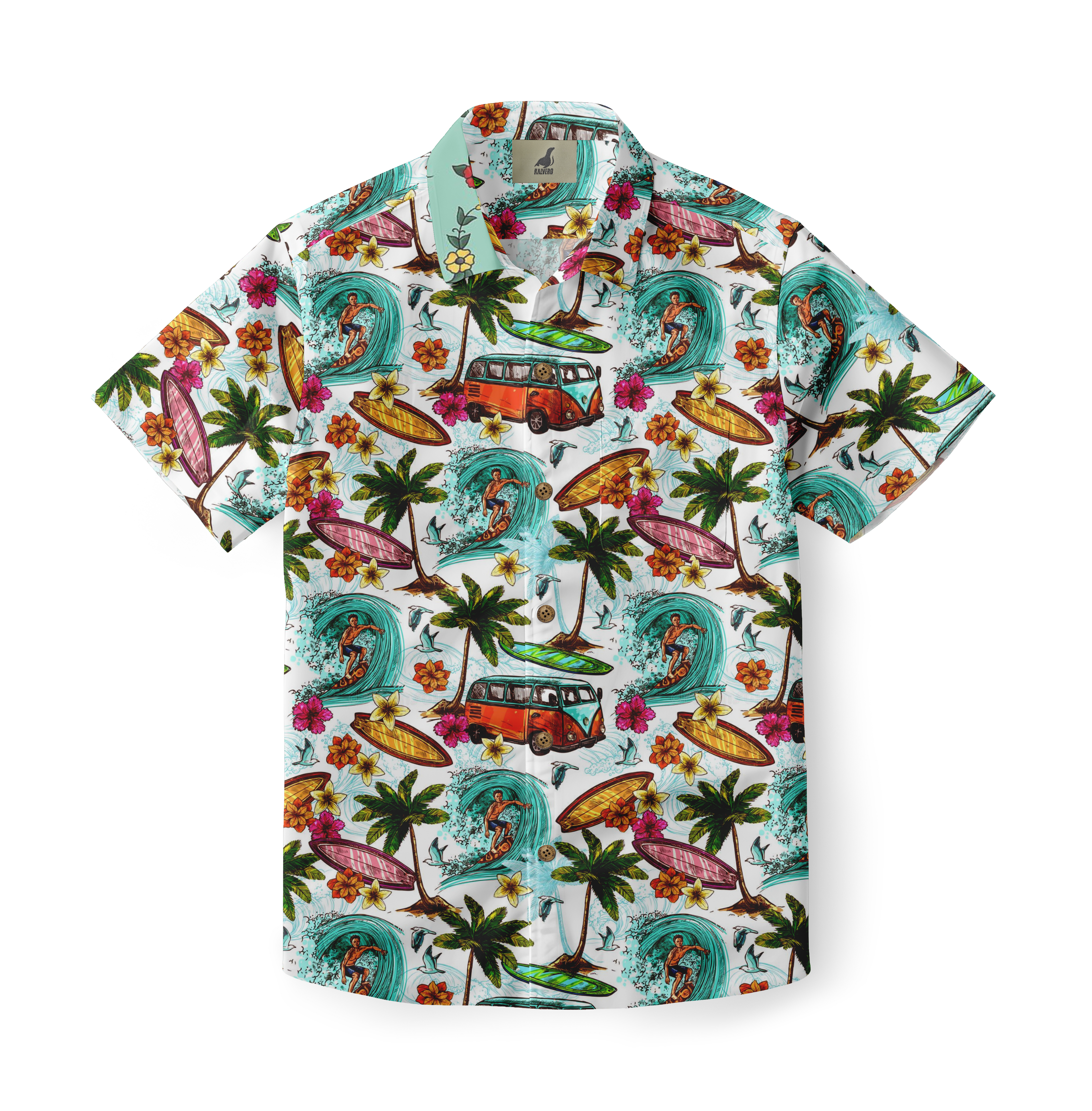 Hawaiian shirt with surfboards, waves, palm trees, and flowers.