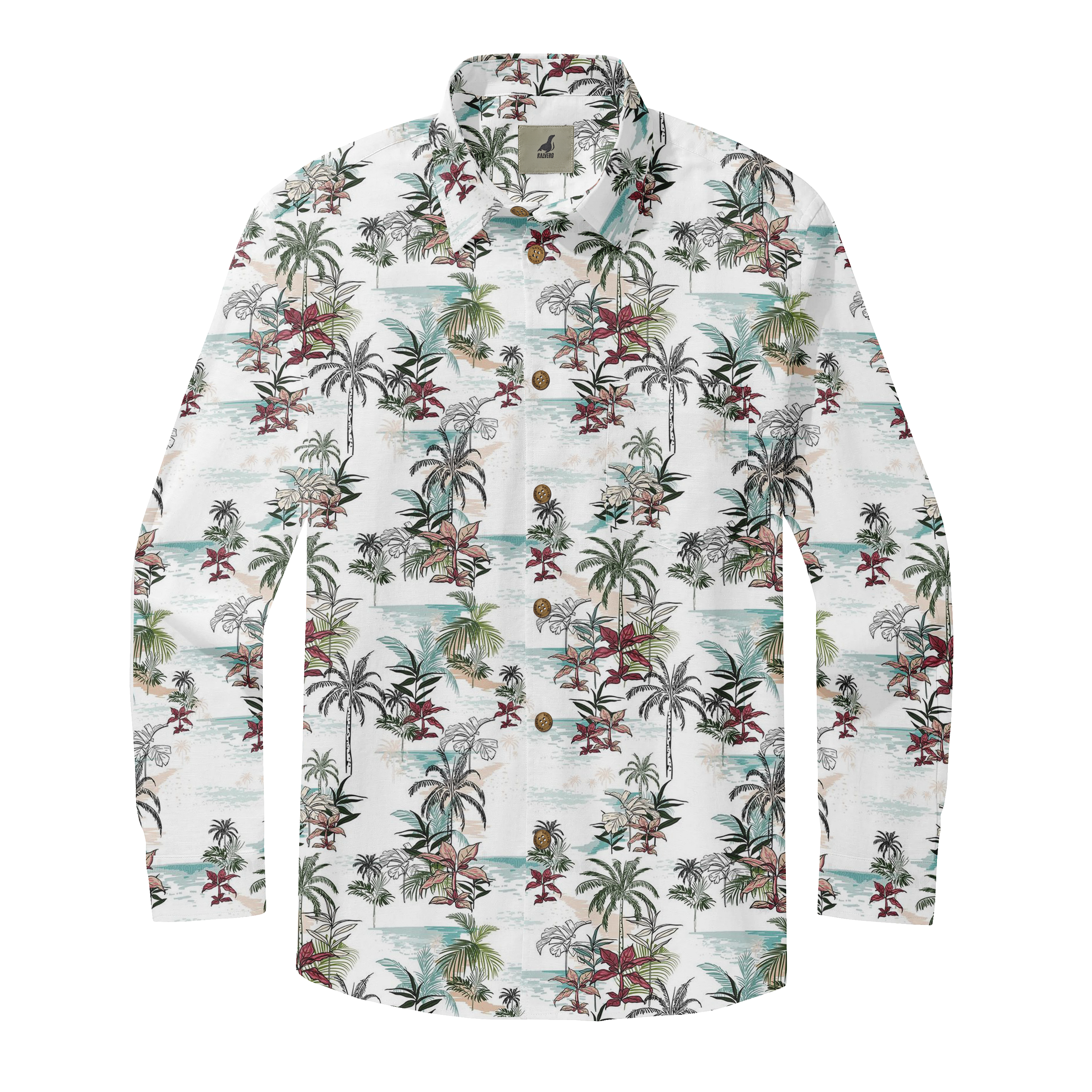Tropical print long-sleeve shirt with palm trees, flowers, and ocean.