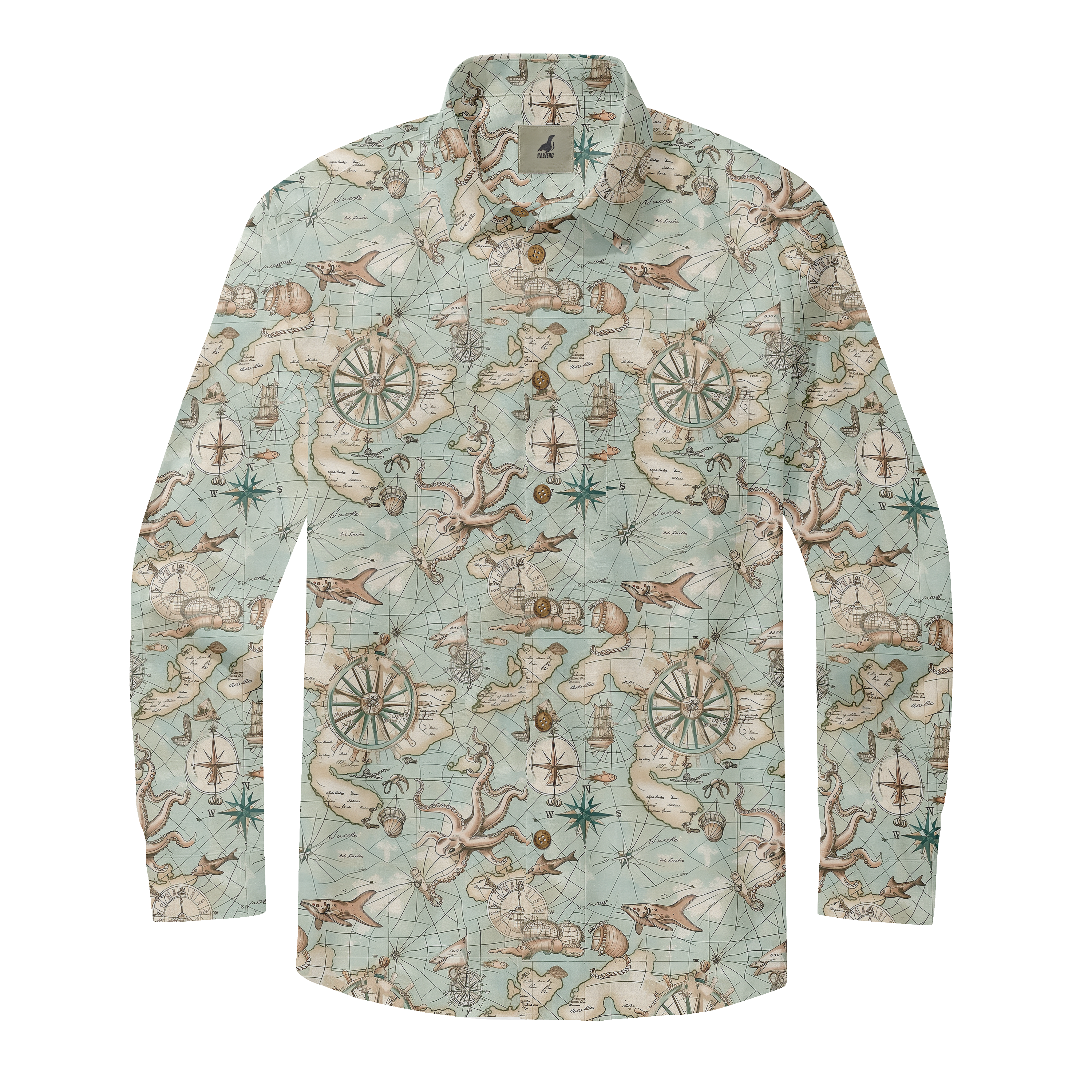 Map-themed shirt with compasses, ships, and sea creatures.