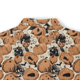 Halloween-themed shirt with orange pumpkins, ghosts, and bats.