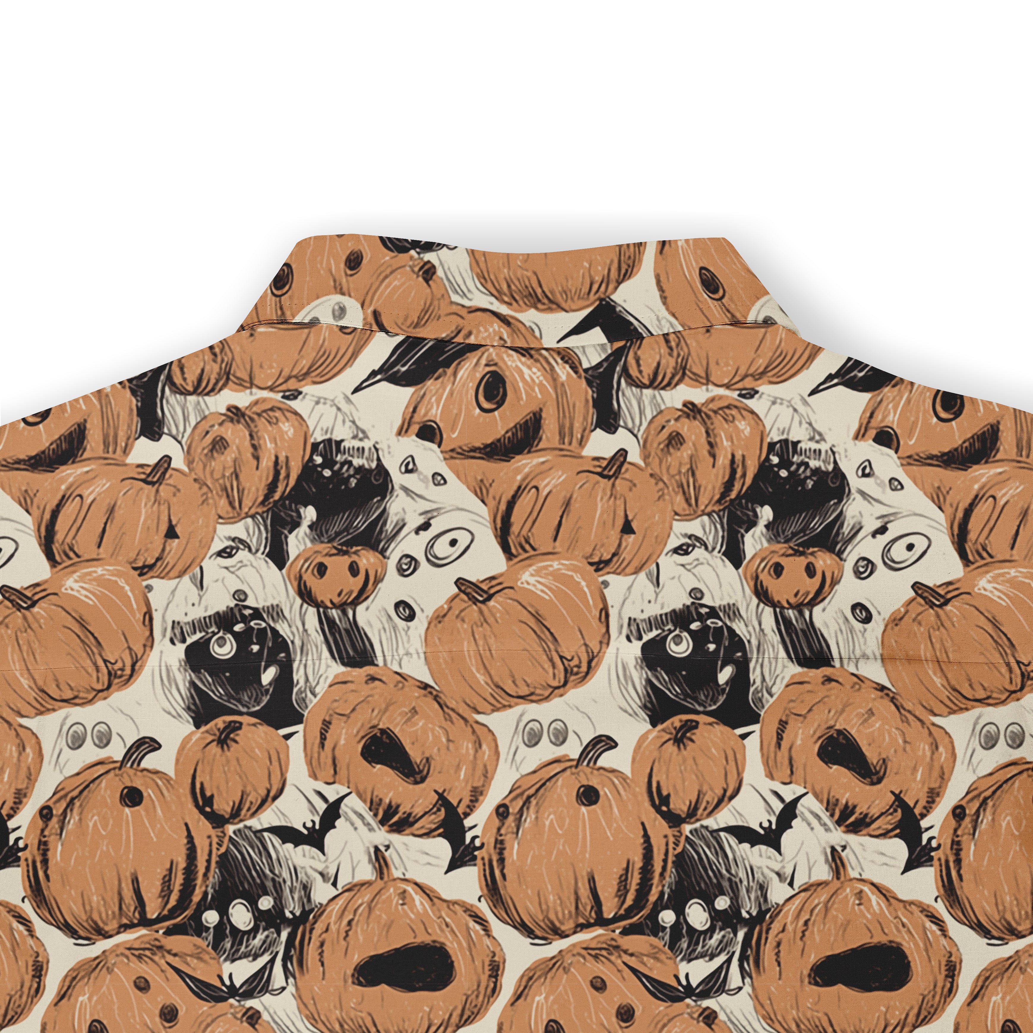 Halloween-themed shirt with orange pumpkins, ghosts, and bats.